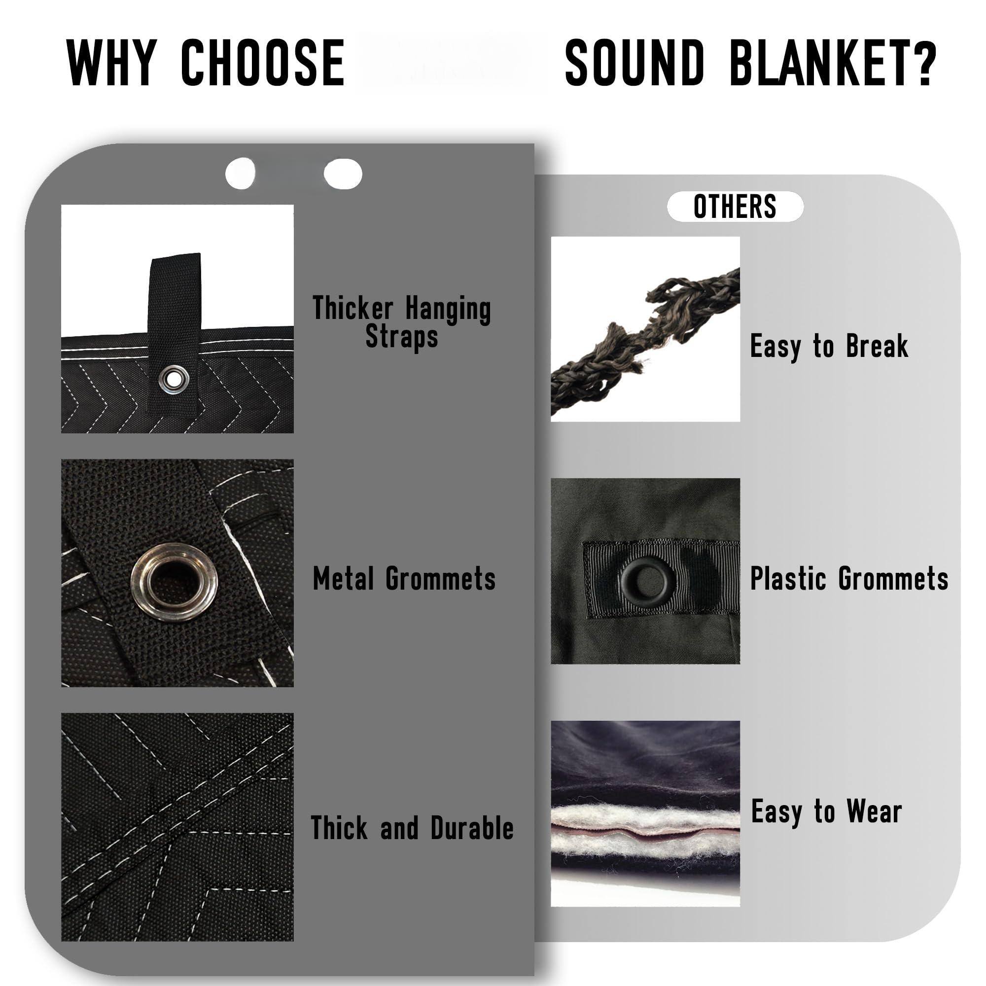 WHY CHOOSE SOUND BLANKET?

- Thicker Hanging Straps
- Metal Grommets
- Thick and Durable

OTHERS

- Easy to Break
- Plastic Grommets
- Easy to Wear