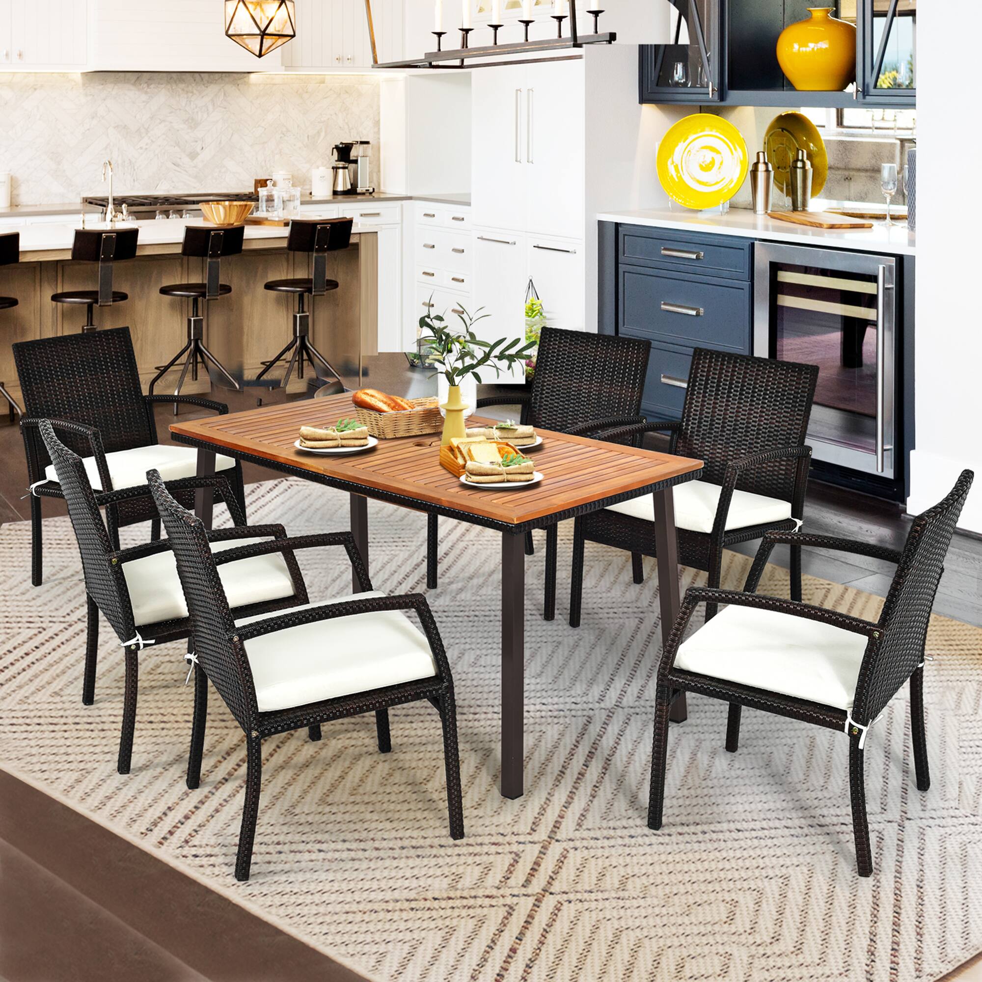 Alt View 4. Gymax - Gymax Rectangle Patio Outdoor Dining Table Acacia Wood Tabletop w/ 2'' Umbrella Hole - Walnut.