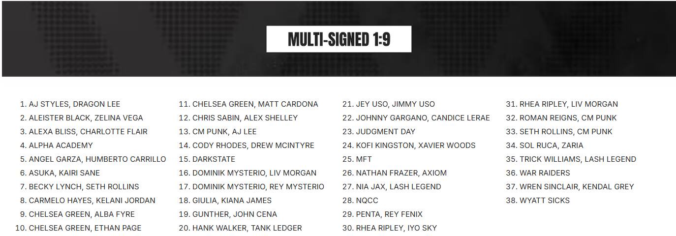 MULTI-SIGNED 1:9

1. AJ STYLES, DRAGON LEE
2. ALEISTER BLACK, ZELINA VEGA
3. ALEXA BLISS, CHARLOTTE FLAIR
4. ALPHA ACADEMY
5. ANGEL GARZA, HUMBERTO CARRILLO
6. ASUKA, KAIRI SANE
7. BECKY LYNCH, SETH ROLLINS
8. CARMELO HAYES, KELANI JORDAN
9. CHELSEA GREEN, ALBA FYRE
10. CHELSEA GREEN, ETHAN PAGE
11. CHELSEA GREEN, MATT CARDONA
12. CHRIS SABIN, ALEX SHELLEY
13. CM PUNK, AJ LEE
14. CODY RHODES, DREW MCINTYRE
15. DARKSTATE
16. DOMINIK MYSTERIO, LIV MORGAN
17. DOMINIK MYSTERIO, REY MYSTERIO
18. GIULIA, KIANA JAMES
19. GUNTHER, JOHN CENA
2