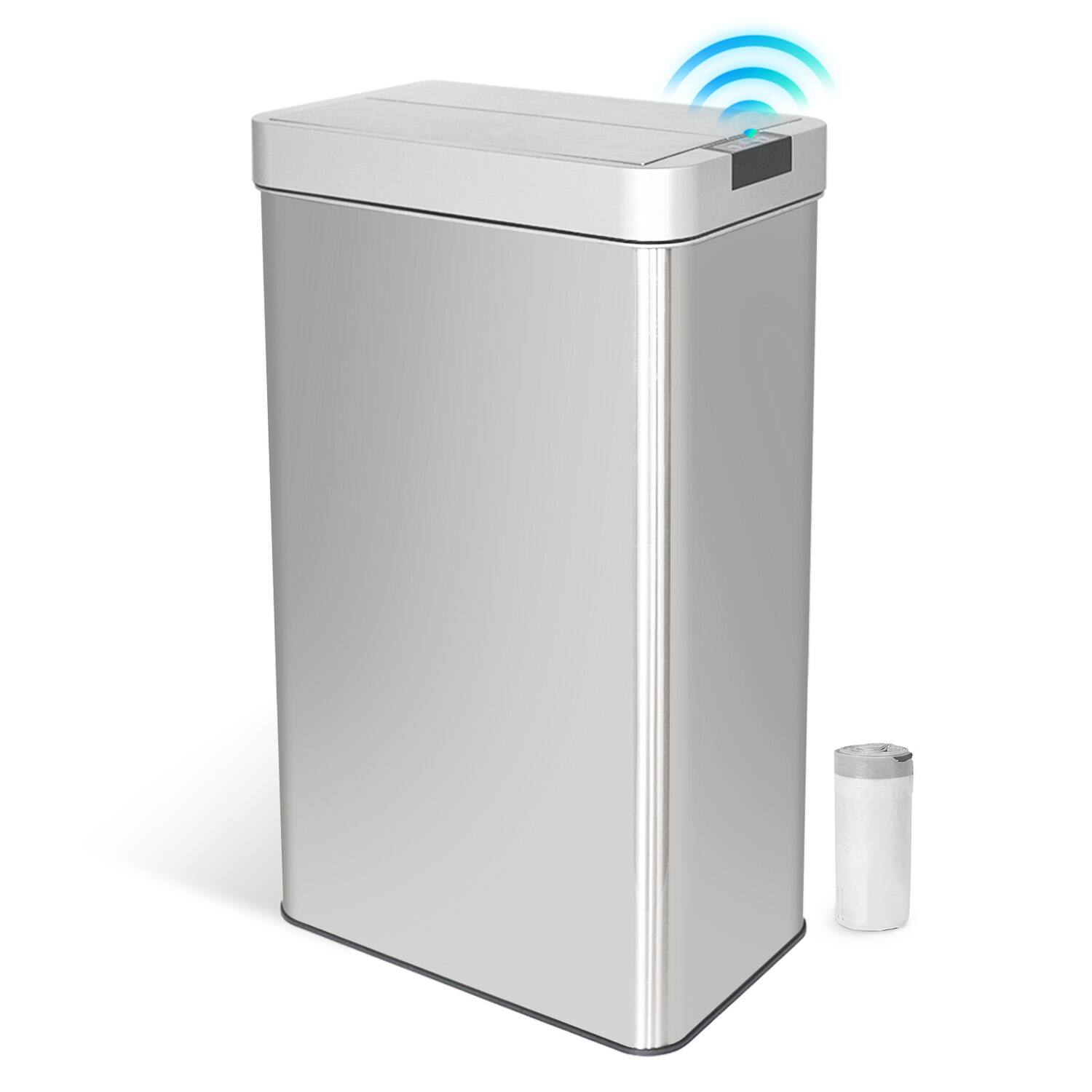 Front. Innovaze - 16 Gallon Stainless Steel Rectangular Slim Motion Sensor Kitchen Trash Can with Butterfly Lid and Bonus Trash Bags - Silver.