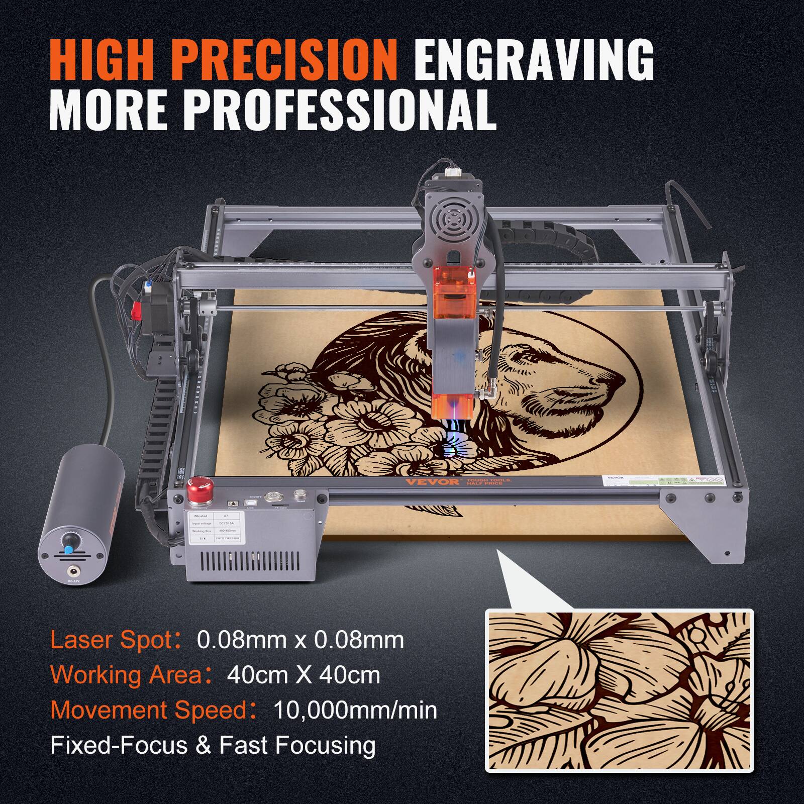 HIGH PRECISION ENGRAVING  
MORE PROFESSIONAL  

Laser Spot: 0.08mm x 0.08mm  
Working Area: 40cm x 40cm  
Movement Speed: 10,000mm/min  
Fixed-Focus & Fast Focusing
