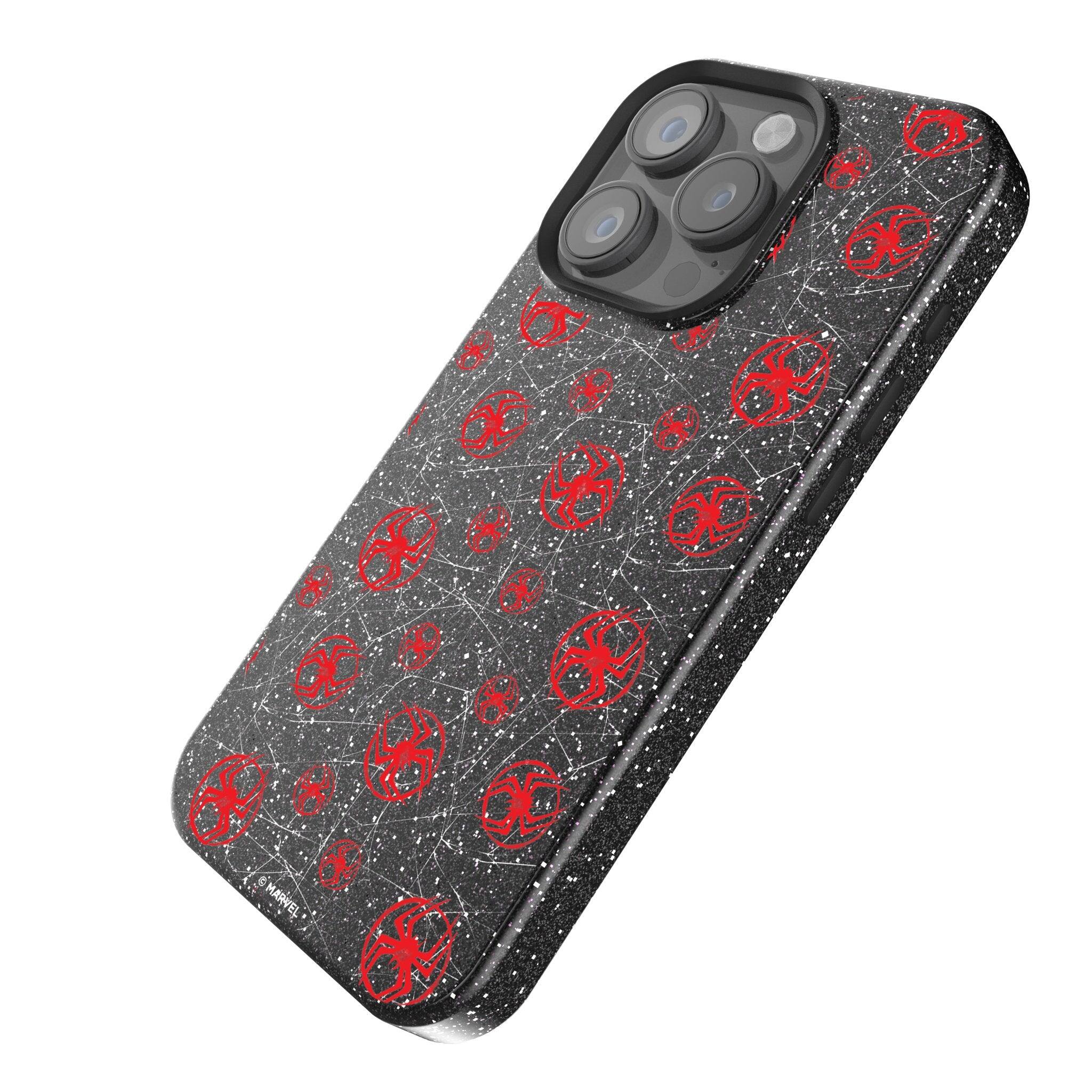 Angle. Keyscaper - Marvel Pattern Black Bling Phone Case - Apple iPhone 15 Plus - Miles Morales.
