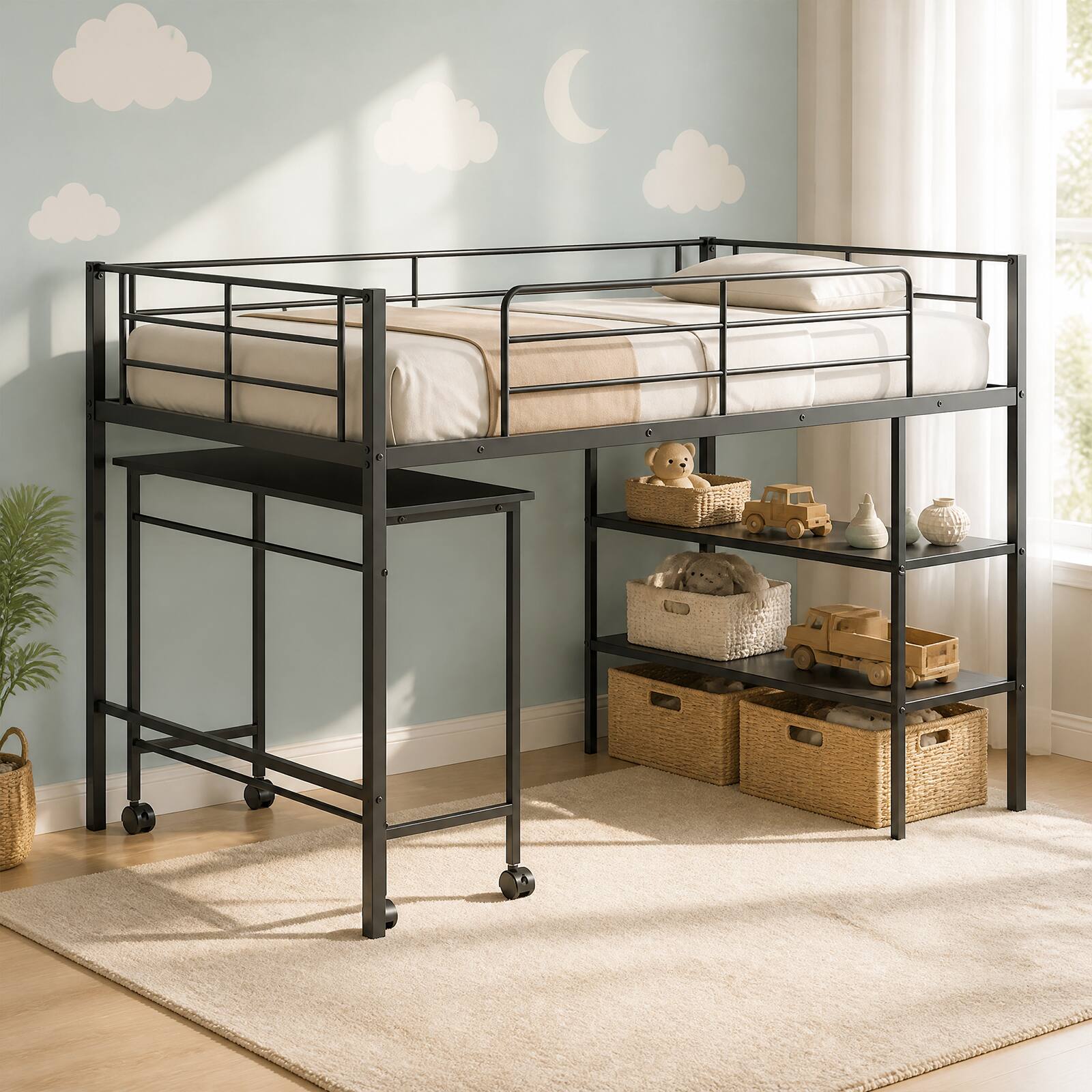 Alt View 1. Costway - Costway Twin Size Loft Bed with Rolling Desk & Bookshelf, Metal Slats for Bedroom Dormitory - Black.