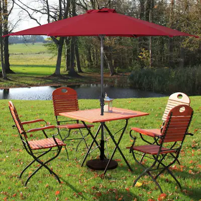 dark red patio umbrella 15FT Double-Sided with 48 Solar LED Lights & Crank Handle, Extra Large Outdoor Market Umbrella for Poolside, Deck, Backyard Tan combined with easy tilt and 360 rotation Mondawe 9 Feet Patio Umbrella