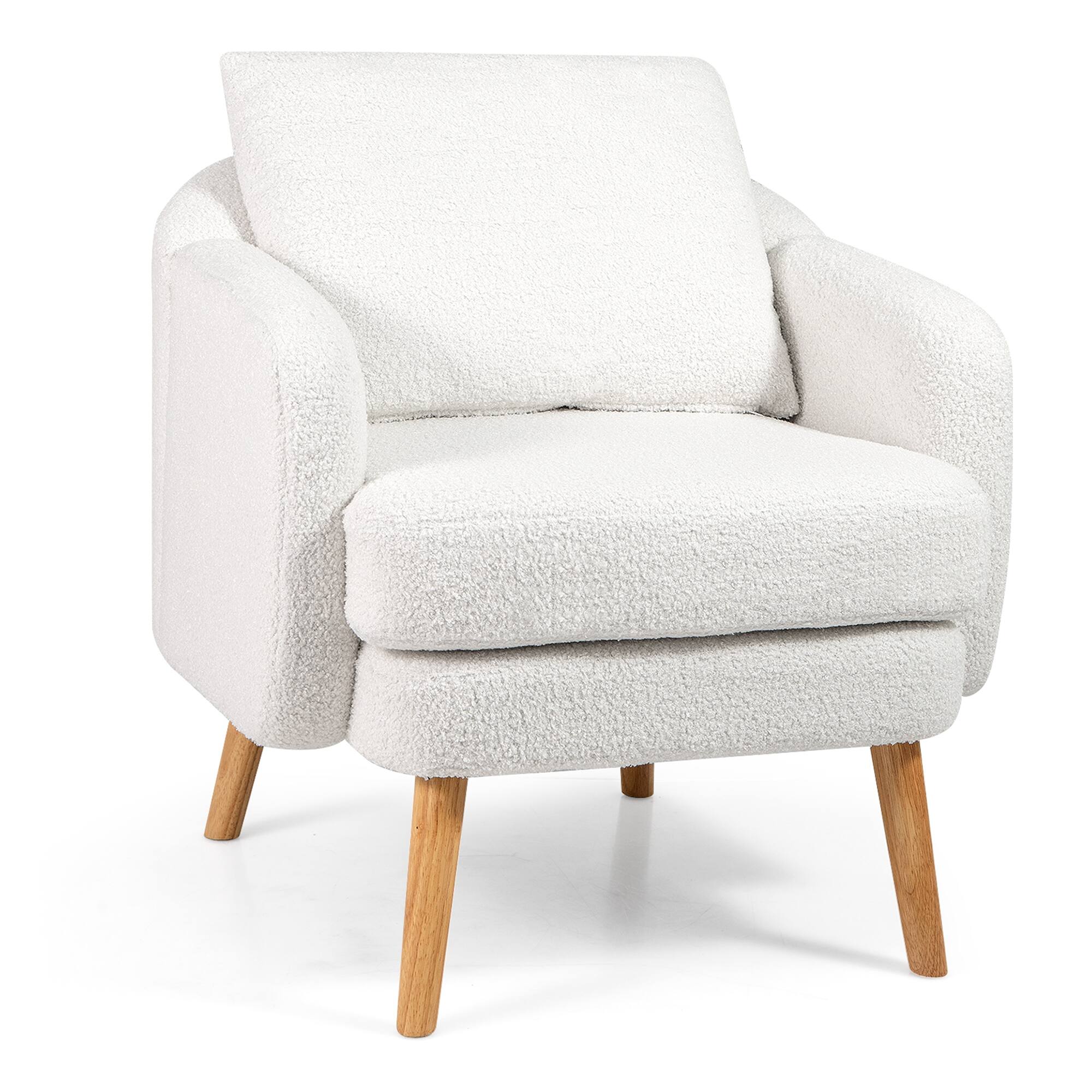 Gymax - Sherpa Accent Chair w/ Seat Cushion & Pillow Rubber Wood Legs for Bedroom - White