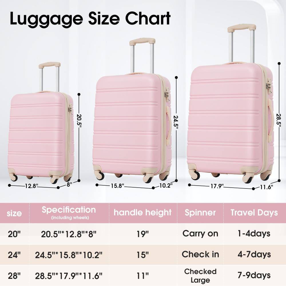 Luggage Size Chart

size | Specification (including wheels) | handle height | Spinner | Travel Days
--- | --- | --- | --- | ---
20" | 20.5" x 12.8" x 8" | 19" | Carry on | 1-4 days
24" | 24.5" x 15.8" x 10.2" | 15" | Check in | 4-7 days
28" | 28.5" x 17.9" x 11.6" | 11" | Checked Large | 7-9 days