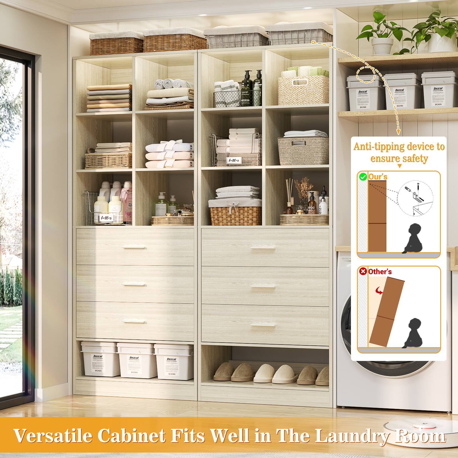 Anti-tipping device to ensure safety  
Our's  
Other's  

Versatile Cabinet Fits Well in The Laundry Room