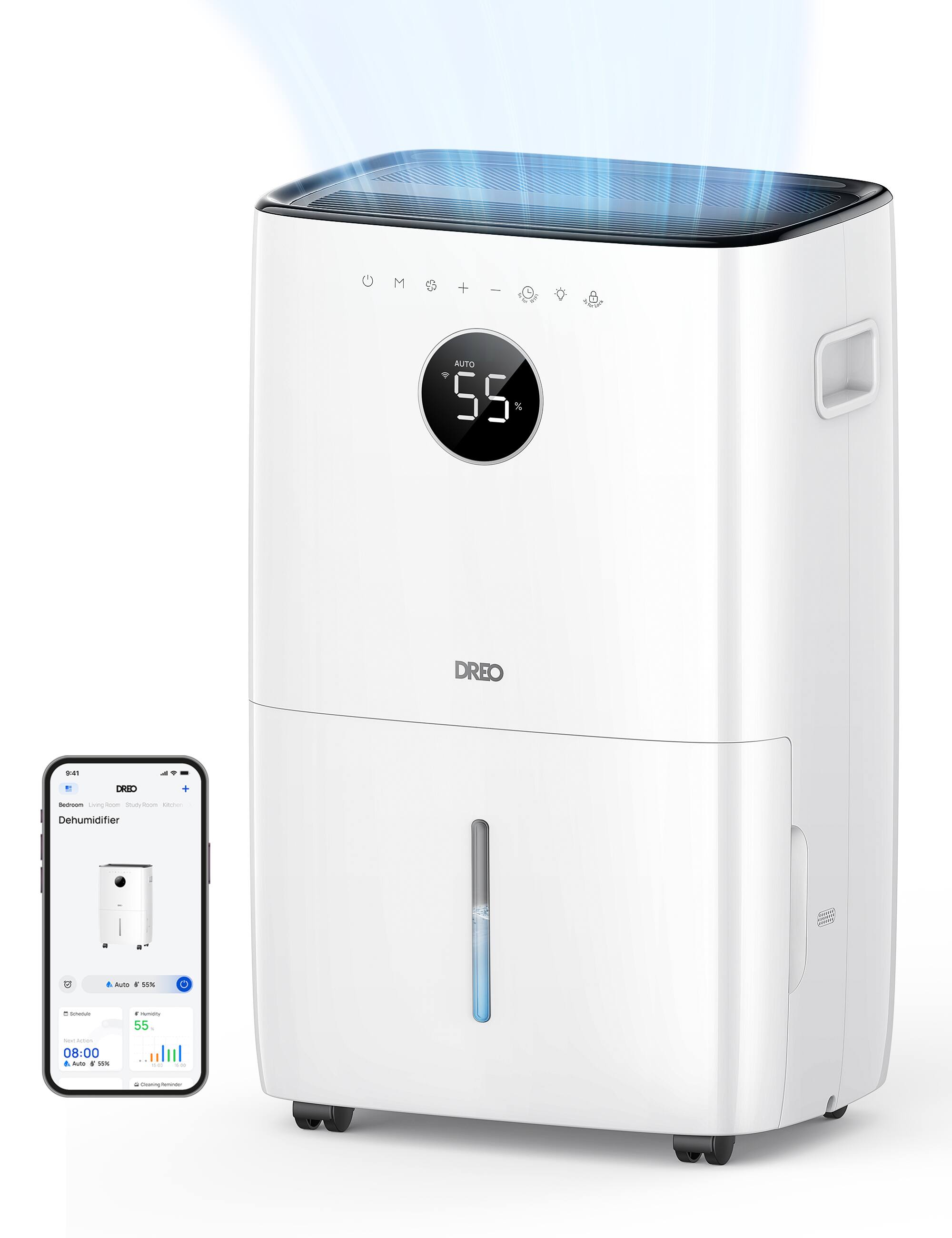 O M 63 + I AUTO 55% DREO 941 Ceron LivingAcom matym - Dehumidifier. Hd. SN - - 55 - - 08:00 - + SON I - - -
