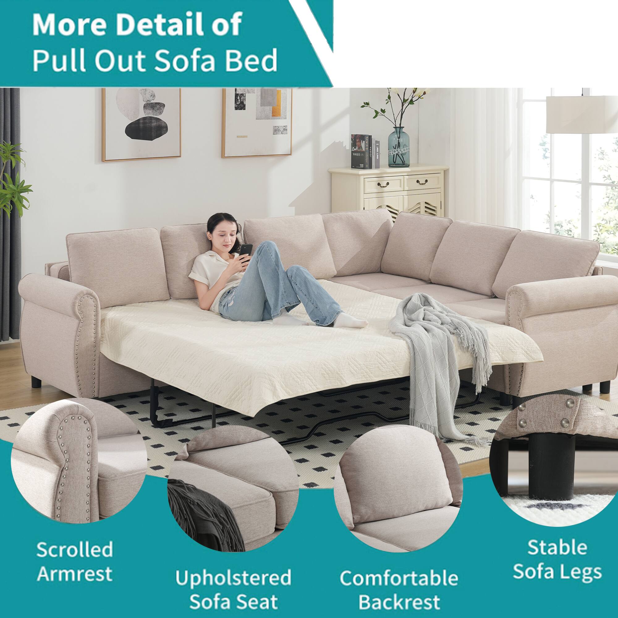 More Detail of Pull Out Sofa Bed

- Scrolled Armrest
- Upholstered Sofa Seat
- Comfortable Backrest
- Stable Sofa Legs