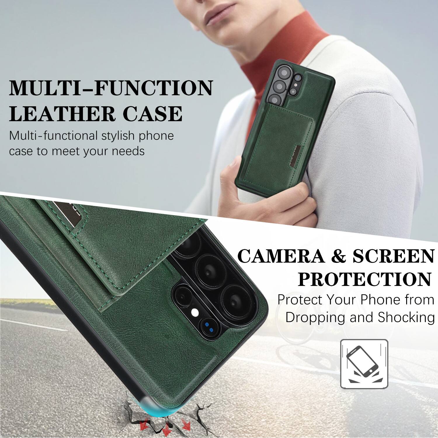MULTI-FUNCTION LEATHER CASE  
Multi-functional stylish phone case to meet your needs  

CAMERA & SCREEN PROTECTION  
Protect Your Phone from Dropping and Shocking