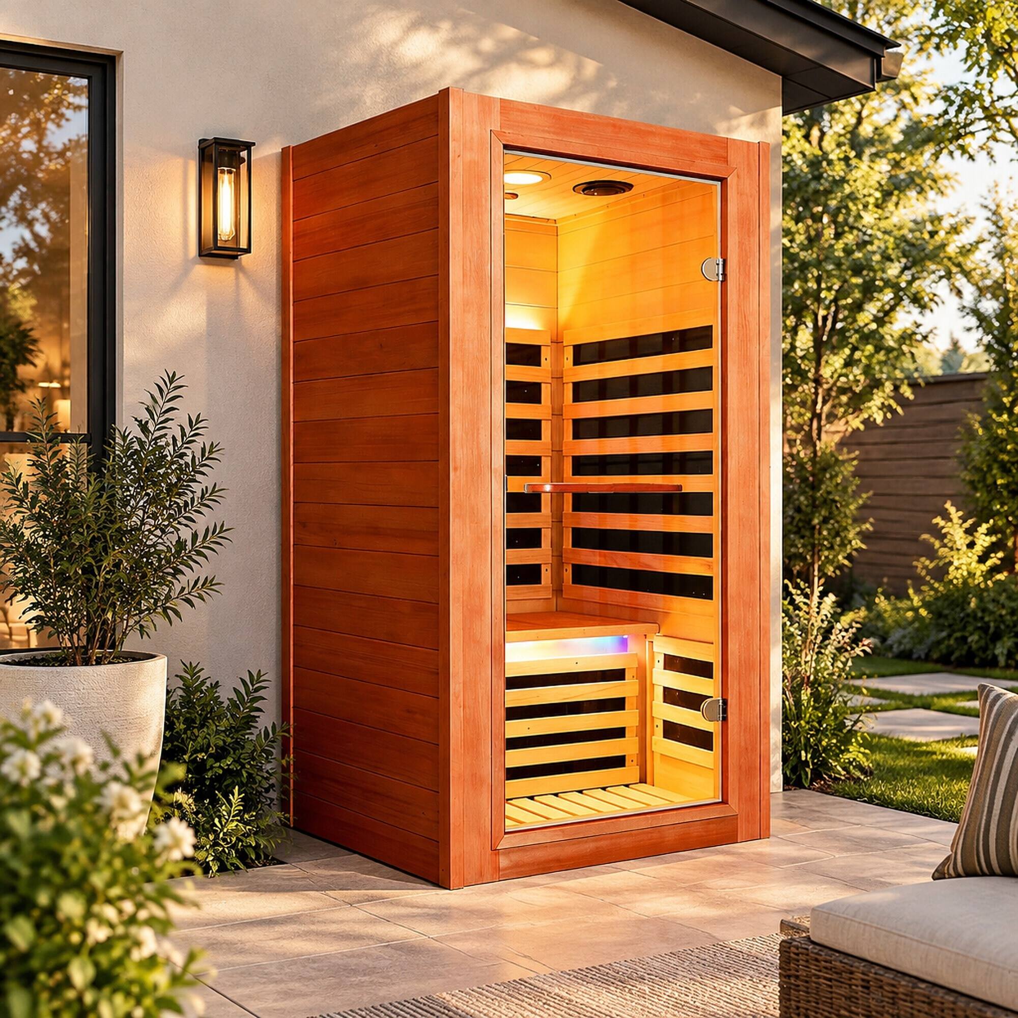 Left. RYHNUYNE - 1020W Far Infrared Sauna Room, African Oguman Wood, 7 Heating Plates, 110V, 80 cm x 80 cm x 160 cm - Almond.
