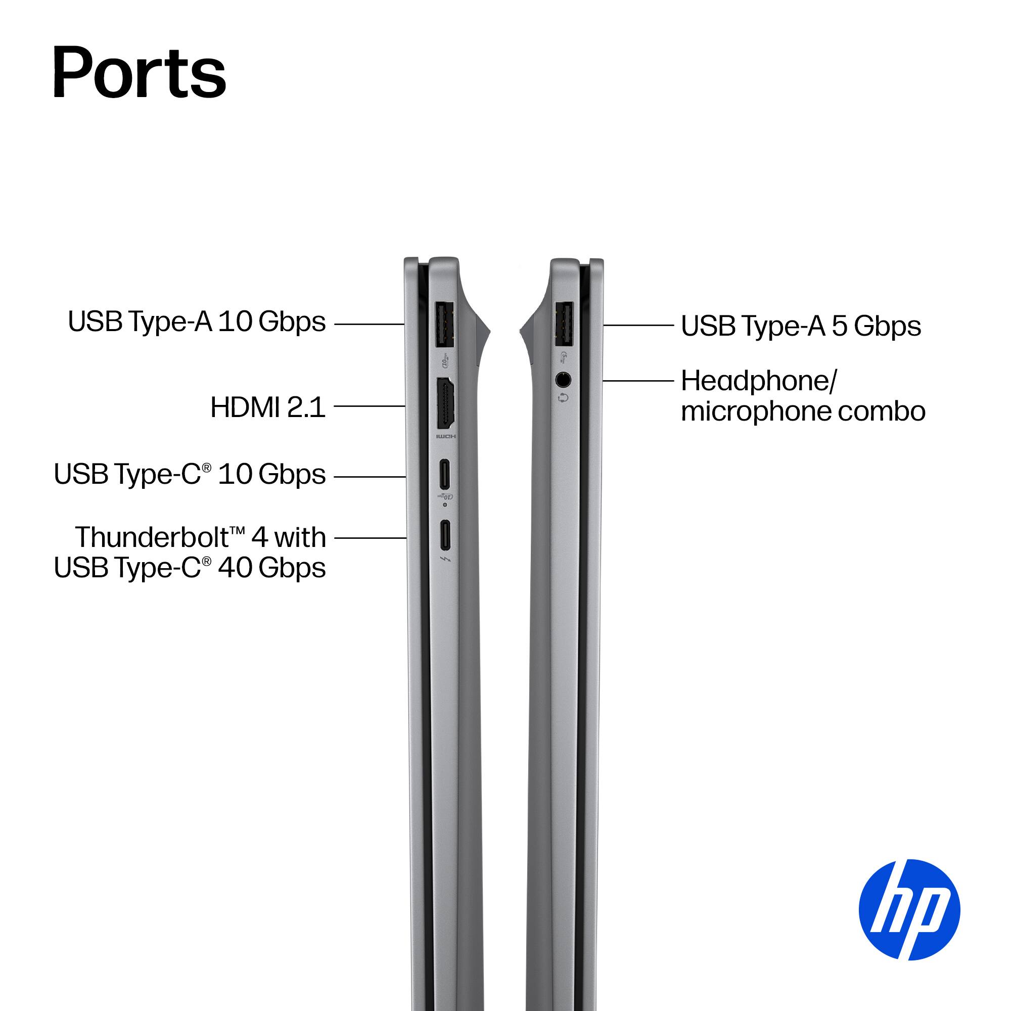 Ports

- USB Type-A 10 Gbps
- HDMI 2.1
- USB Type-C® 10 Gbps
- Thunderbolt™ 4 with USB Type-C® 40 Gbps
- USB Type-A 5 Gbps
- Headphone/ microphone combo