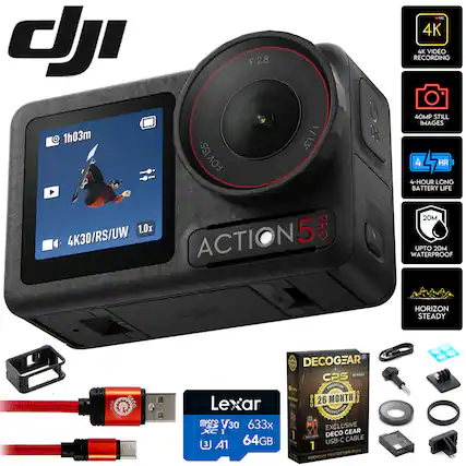 - 1h03m
- 155 FOV
- F 2.8
- 1/1.3
- O5 NC
- 4K VIDEO RECORDING
- 40MP STILL IMAGES
- 4-HOUR LONG BATTERY LIFE
- 4K30/RS/UW
- 1.0x
- ACTION 5 PRO
- 20M UPTO 20M WATERPROOF
- HORIZON STEADY
- OlCo
- ERA
- Lexar Micro V30 633x XC I A1 64GB
- DECOGEAR CPS BUNDLE
- PREMIUM CPS
- 26 MONTH CPS
- PROTECTION EXCLUSIVE
- 1 DECO GEAR
- USB-C CABLE
- 1 PLAN PREMIUM PROTECTION