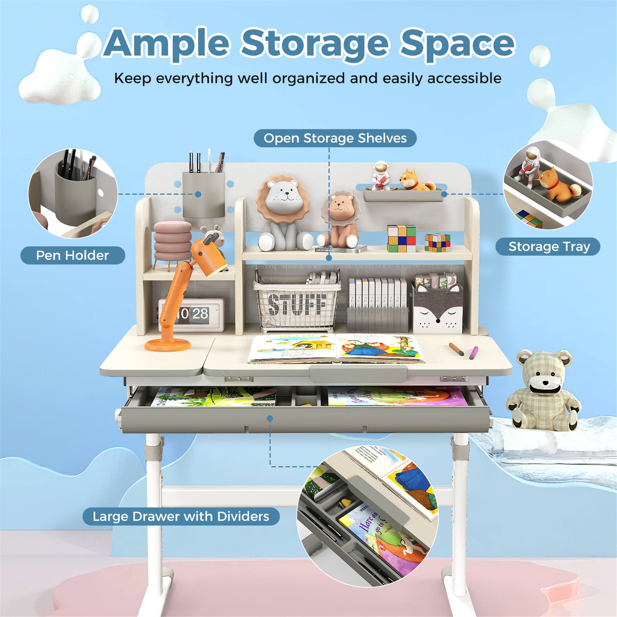 Ample Storage Space, Keep everything well organized and easily accessible, Open Storage Shelves, Pen Holder, Storage Tray, 0 28 STUFF, Large Drawer with Dividers, THE Hareen gous