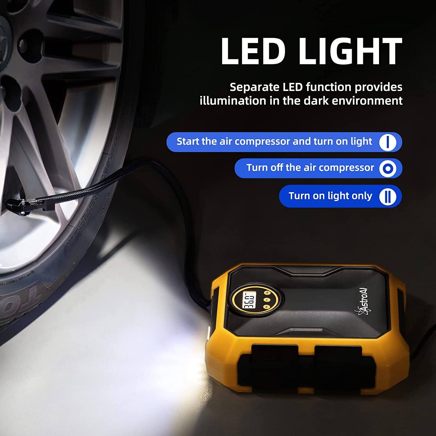 LED LIGHT
Separate LED function provides illumination in the dark environment
Start the air compressor and turn on light
I Turn off the air compressor
Turn on light only
TG 360 SAstroA