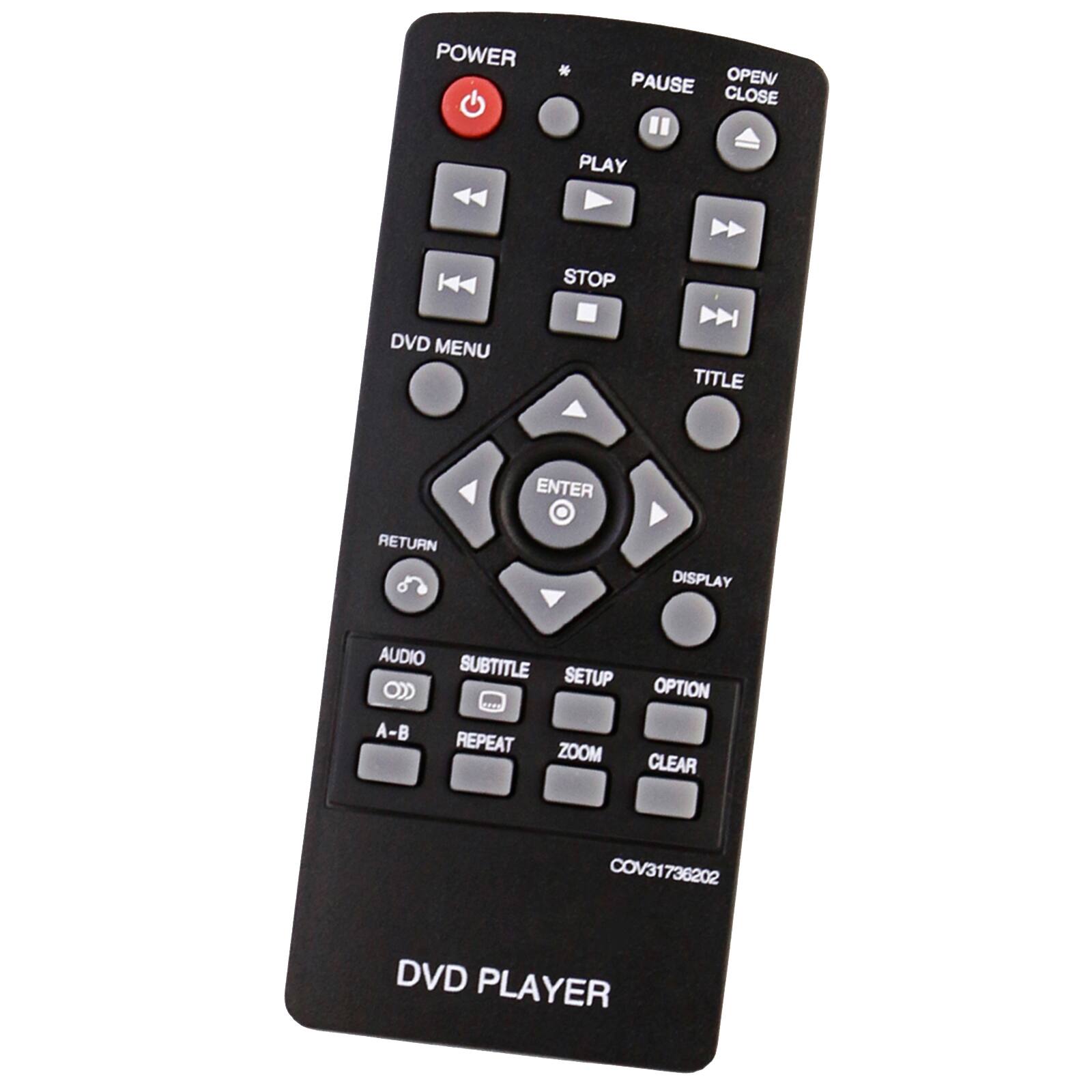 POWER * PAUSE OPEN/ CLOSE PLAY K STOP DVD MENU TITLE ENTER RETURN DISPLAY AUDIO SUBTITLE SETUP A-B REPEAT ZOOM OPTION CLEAR COV31736202 DVD PLAYER