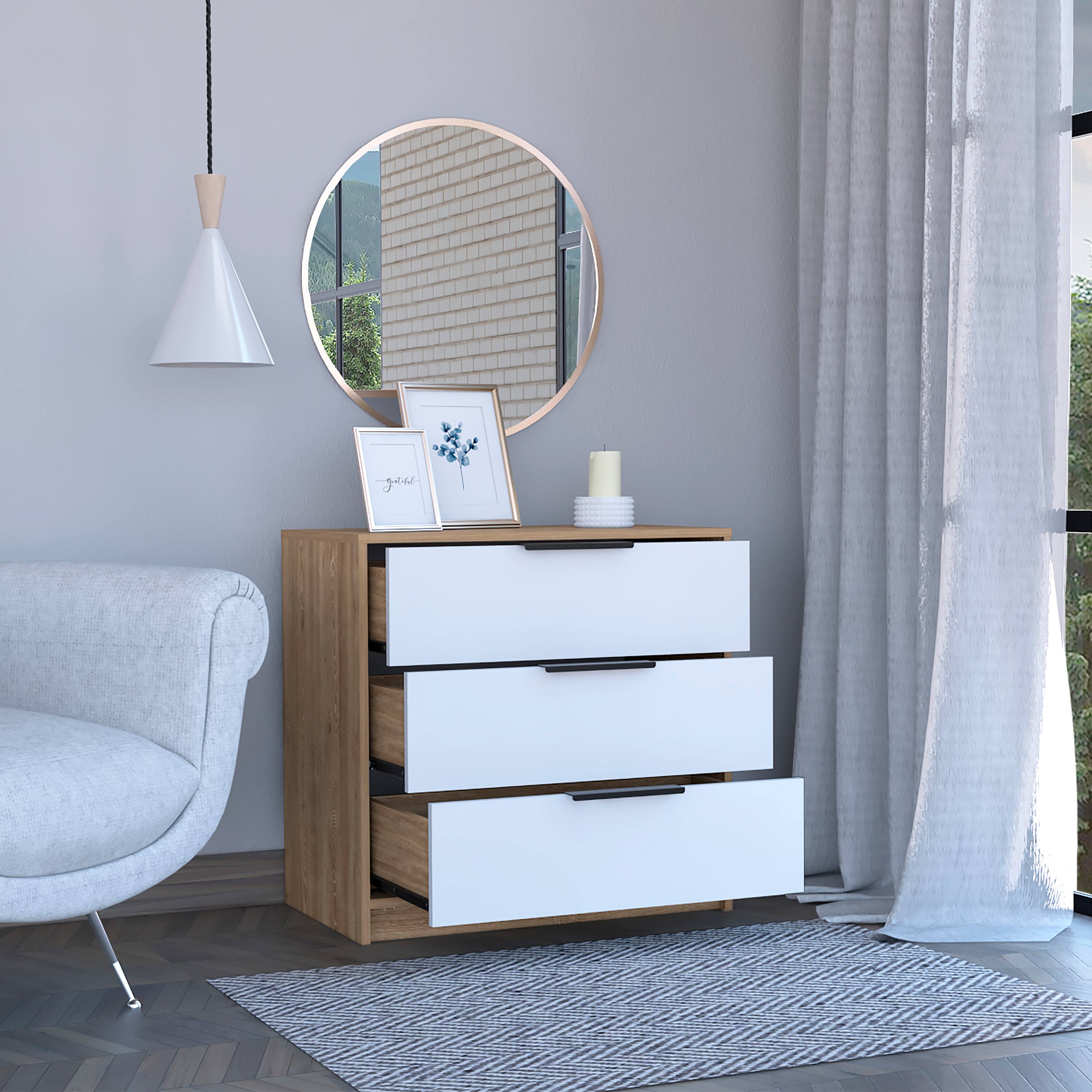 Back. TuHome - Kaia 3 Drawers Dresser, Superior Top - White / Pine.