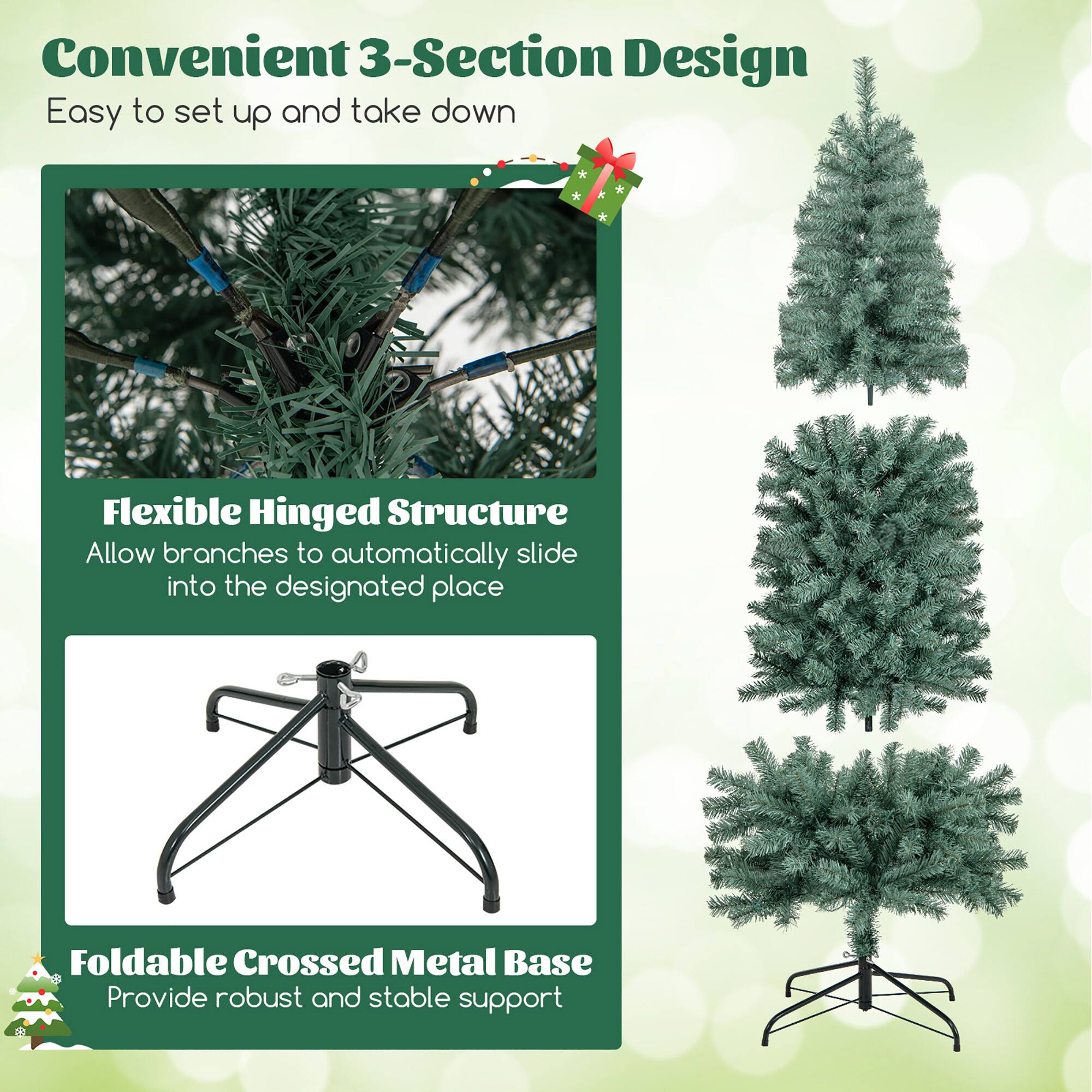 Convenient 3-Section Design  
Easy to set up and take down  

Flexible Hinged Structure  
Allow branches to automatically slide into the designated place  

Foldable Crossed Metal Base  
Provide robust and stable support