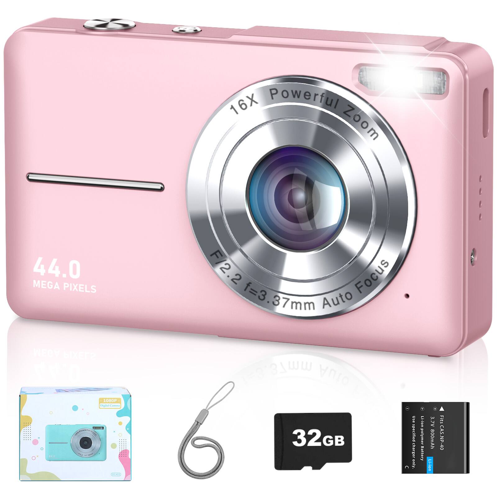 16X Powerful Zoom  
44.0 MEGA PIXELS  
F/2.2 Focus f=3.37mm 37mm Auto  
1080P Digital Camera  
32GB  
Use specified charger only.  
Li-ion polymer Battery  
+ 3.7V 800mAh Li-Ion  
Fits CAS.NP-40