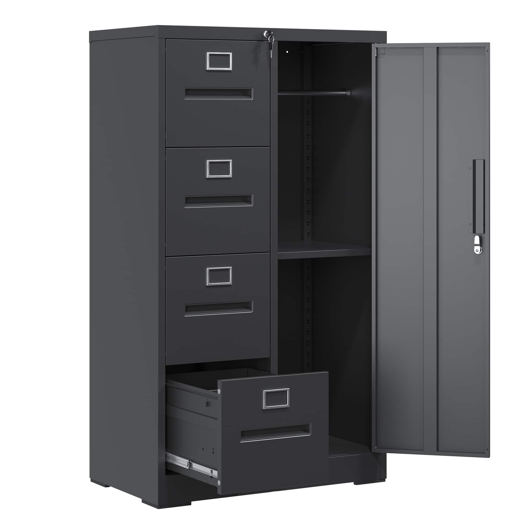 COWLOWN - 4 Drawer 1 Door Lockable Metal File Locker Black Steel Storage Cabinet for School Living Room Bedroom Office