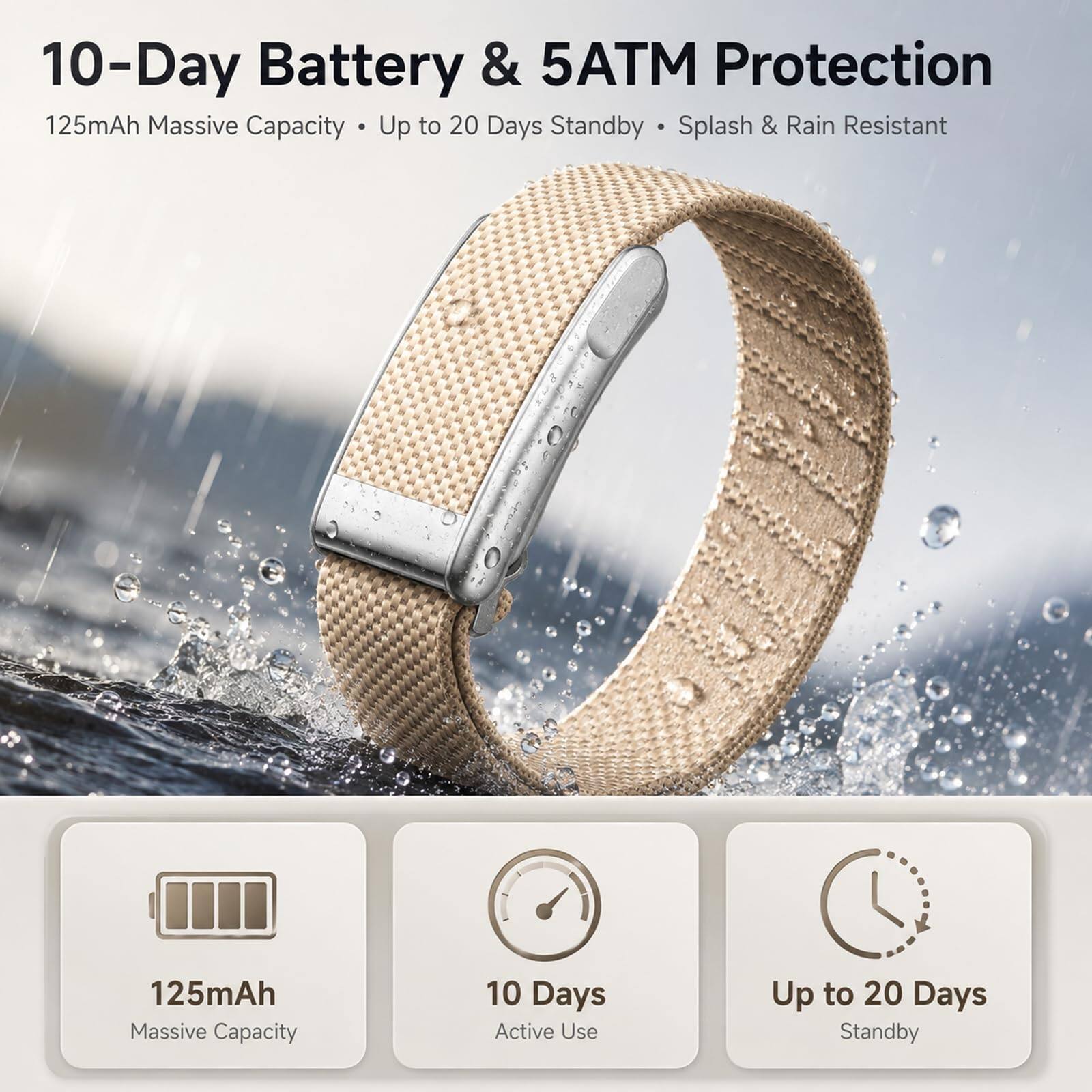 10-Day Battery & 5ATM Protection  
125mAh Massive Capacity  
Up to 20 Days Standby  
Splash & Rain Resistant  
10 Days Active Use  
Up to 20 Days Standby