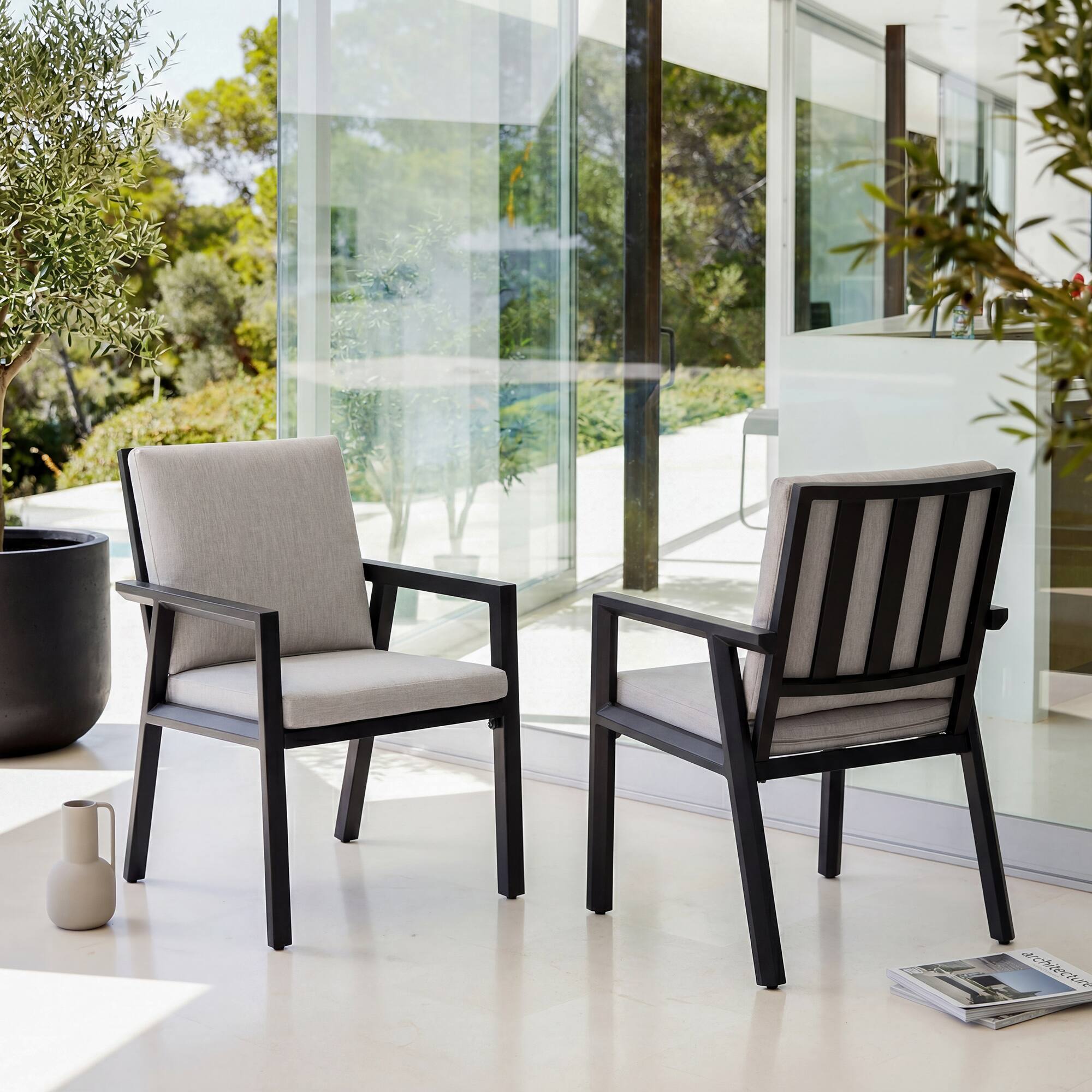 Left. Nuu Garden - Outdoor 2-Piece Aluminum Dining Chairs with Gray Cushions - Black and Gray.