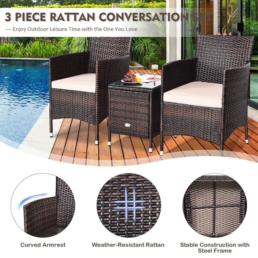 3 PIECE RATTAN CONVERSATION SET  
— Enjoy Outdoor Leisure Time with the One You Love  

- Curved Armrest  
- Weather-Resistant Rattan  
- Stable Construction with Steel Frame