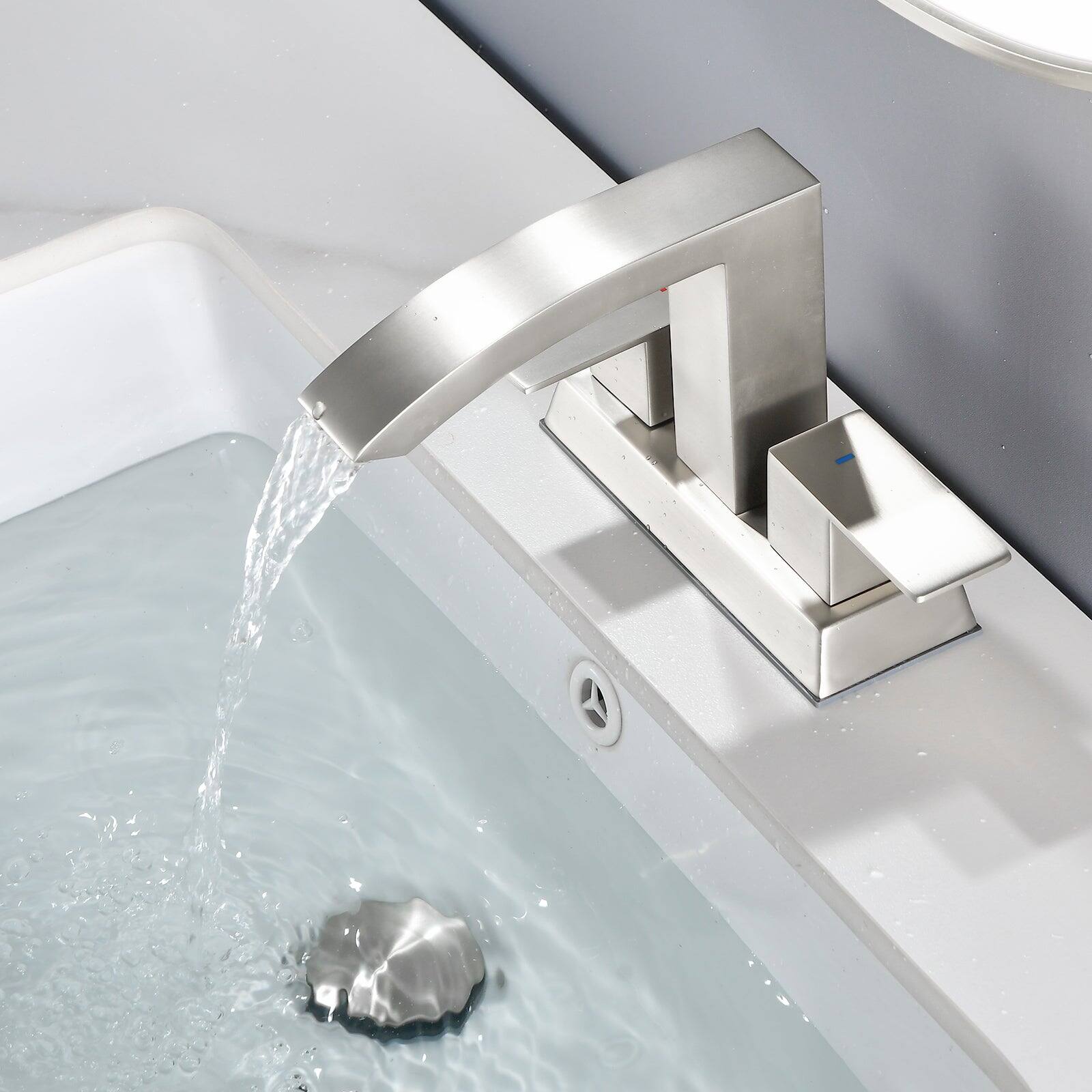 Alt View 2. Boyel Living - Brushed 4 Inch Centerset Faucet SUS304 Waterfall Spout 1.2GPM Dual Handle Pop Up Drain - Brushed Nickel.