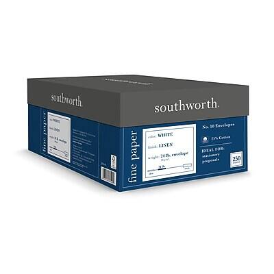 Southworth  
No. 10 Envelopes  
White  
24% Cotton  
Linen  
24 A Envelope  
250 Proposals  
Fine Paper  
Ideal for:  
Stationery