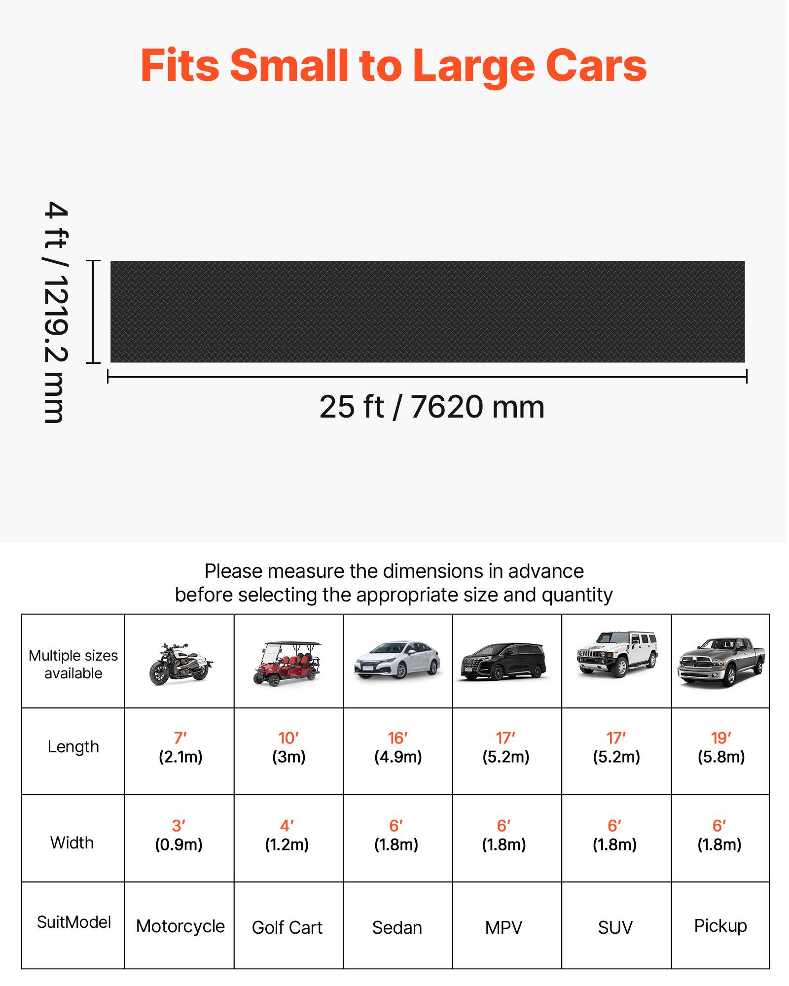 Fits Small to Large Cars

4 ft / 1219.2 mm  
25 ft / 7620 mm

Please measure the dimensions in advance before selecting the appropriate size and quantity

Multiple sizes available

| Length   | 7' (2.1m) | 10' (3m) | 16' (4.9m) | 17' (5.2m) | 17' (5.2m) | 19' (5.8m) |
|----------|----------|---------|-----------|-----------|-----------|-----------|
| Width    | 3' (0.9m) | 4' (1.2m) | 6' (1.8m)  | 6' (1.8m)  | 6' (1.8m)  | 6' (1.8m)  |
| SuitModel| Motorcycle | Golf Cart | Sedan | MPV | SUV | Pickup |