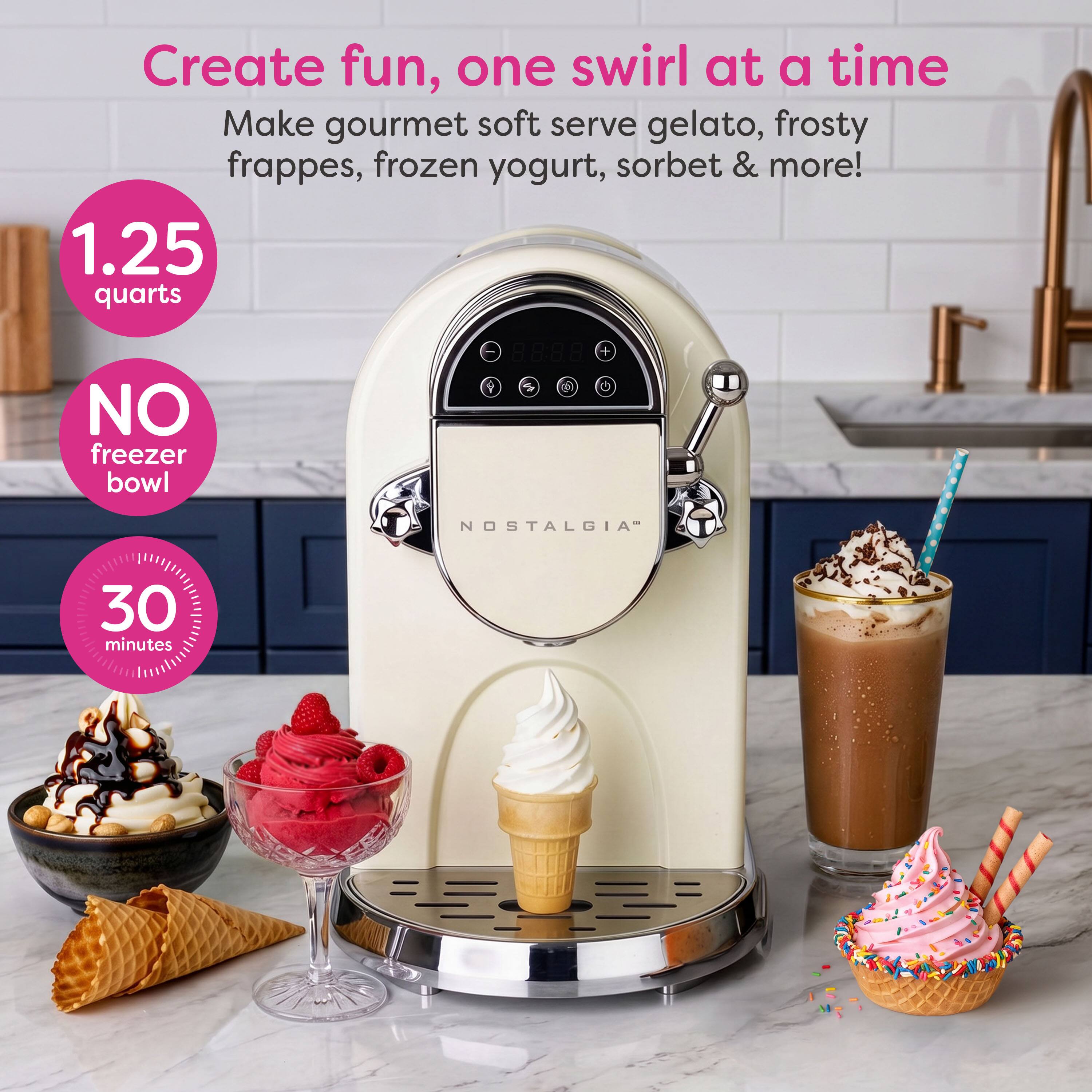 Create fun, one swirl at a time  
Make gourmet soft serve gelato, frosty frappes, frozen yogurt, sorbet & more!  
1.25 quarts  
NO freezer bowl  
30 minutes
