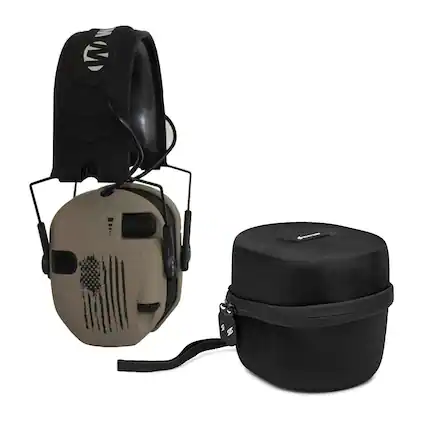 Front. Walkers - Walkers Game Ear Razor Muffs (US Flag-FDE) with Protective Case - Tan.
