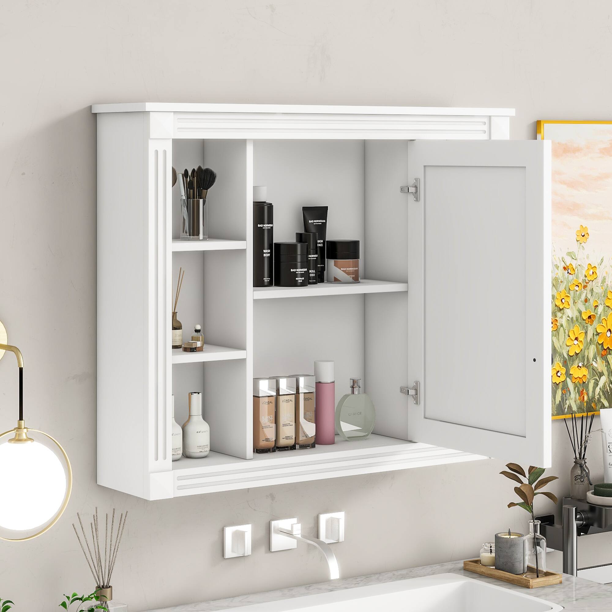 Alt View 8. Ecooso - 35x28in Bathroom Storage Cabinet with Mirror, Wall Mounted Medicine Cabinet, 6 Open Shelves - White.