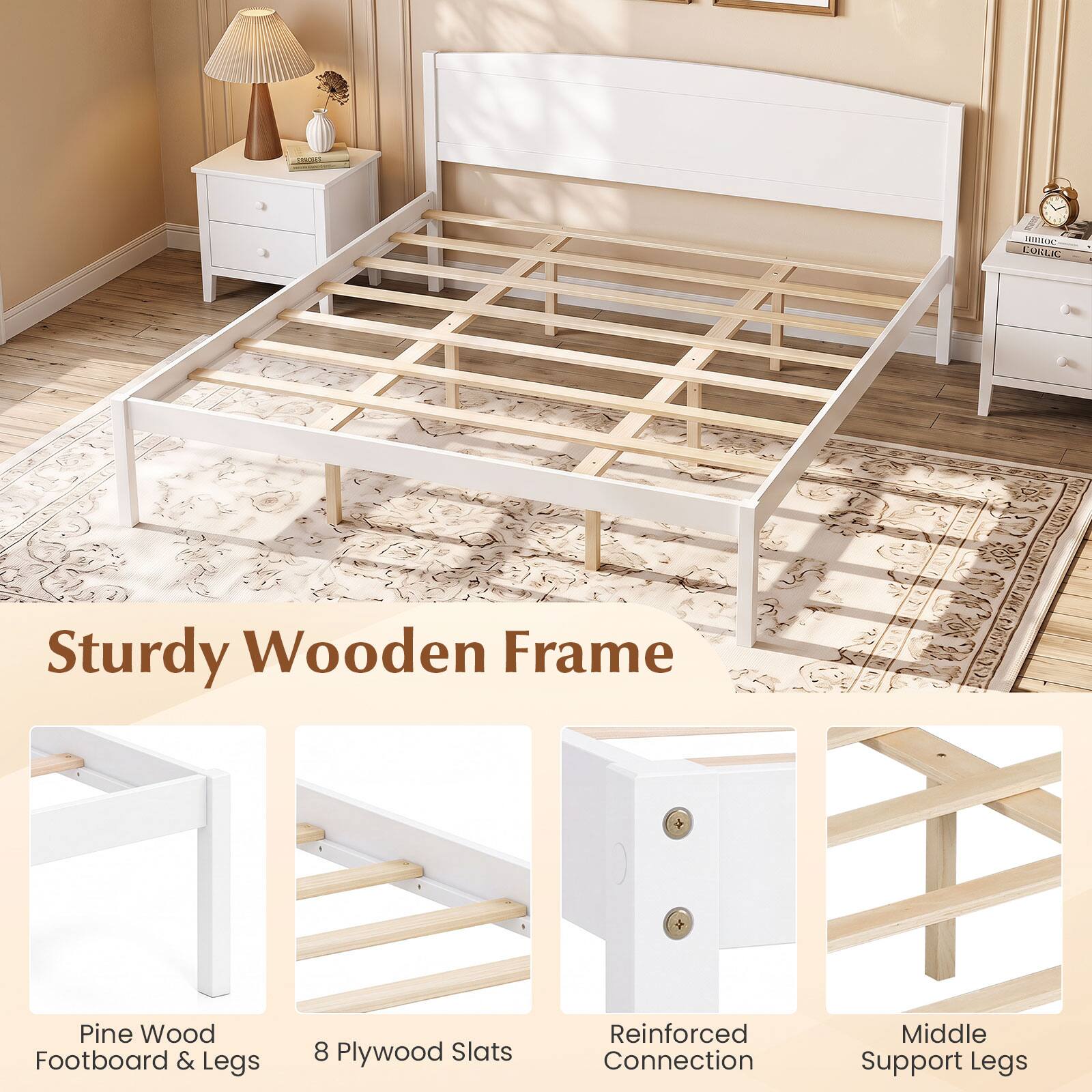 VANSOC CORLIC

Sturdy Wooden Frame

Pine Wood Footboard & Legs

8 Plywood Slats

Reinforced Connection

Middle Support Legs