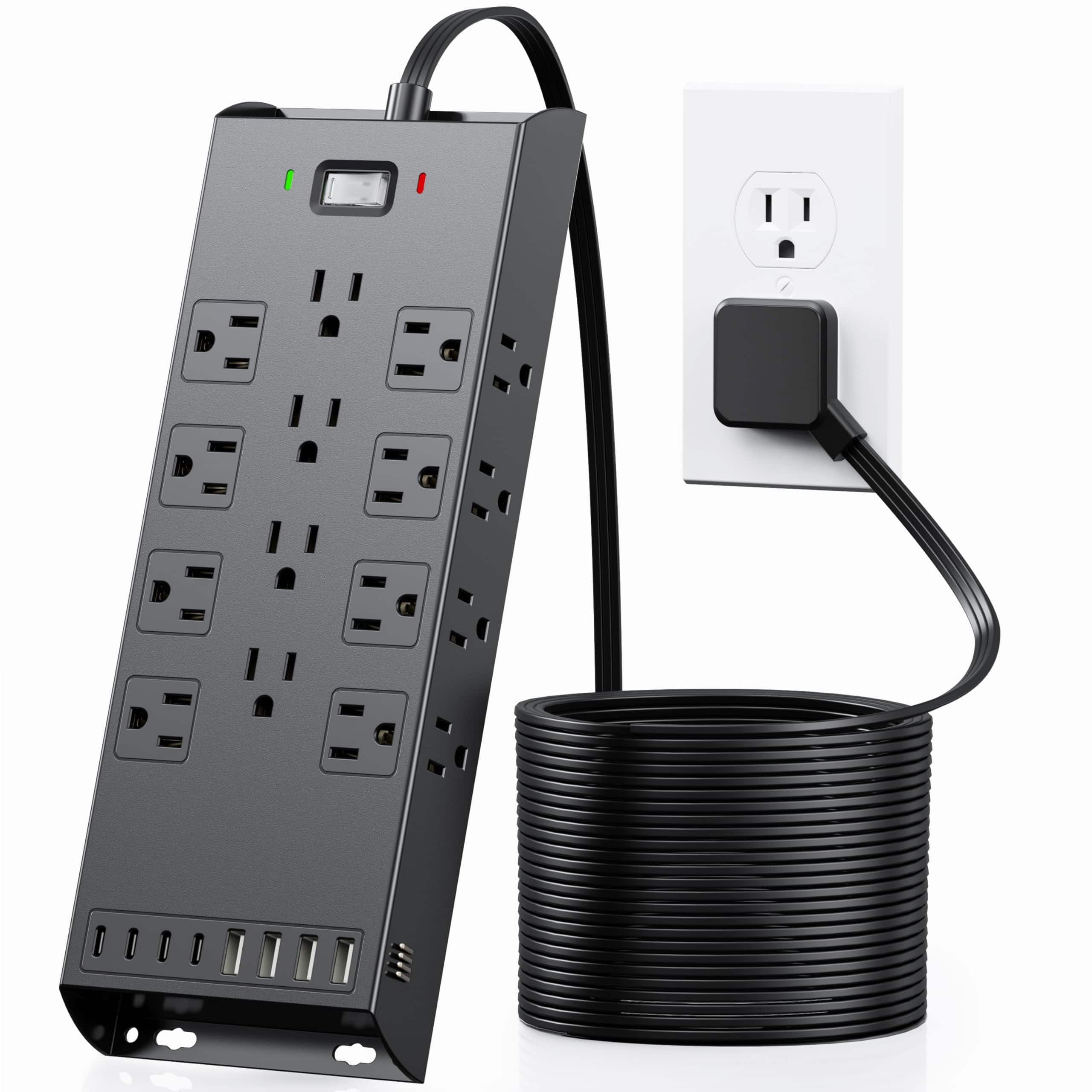 Dazzed Corner - 20 Outlets Surge Protector Power Strip, 10Ft Long Extension Cord Flat Plug - Black