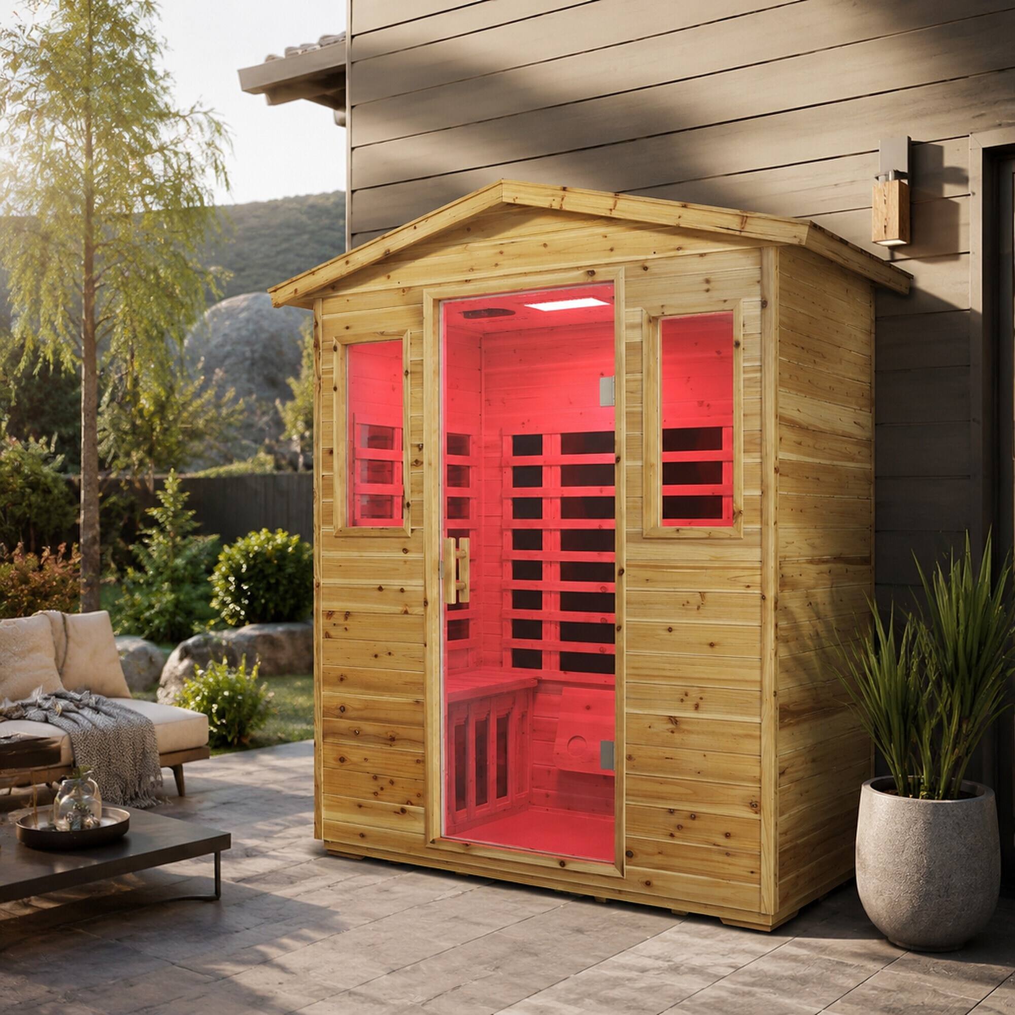 Angle. RYHNUYNE - Four Person Far-Infrared Outdoor Sauna Room, Old Fir Wood, 48.66 in Wide, 2100W, 8 Heating Panels, Bluetooth Audio, LCD - Natural.