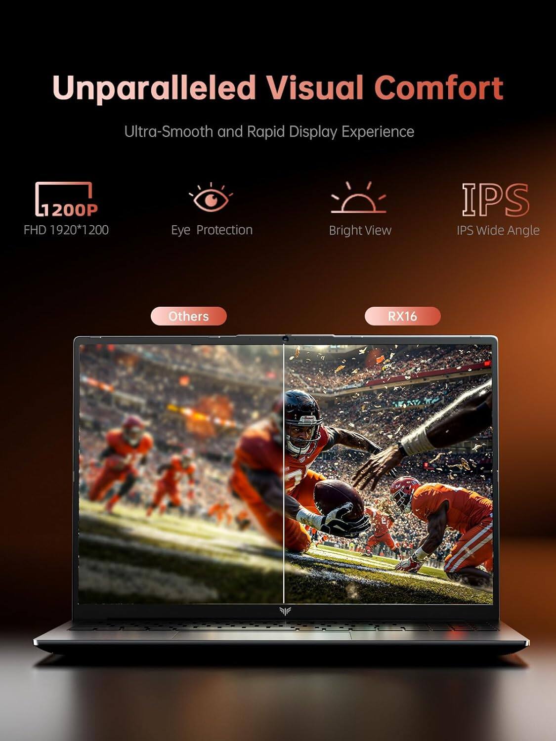 Unparalleled Visual Comfort  
Ultra-Smooth and Rapid Display Experience  

1200P  
FHD 1920*1200  

Eye Protection  

Bright View  

IPS  
IPS Wide Angle  

Others  
RX16