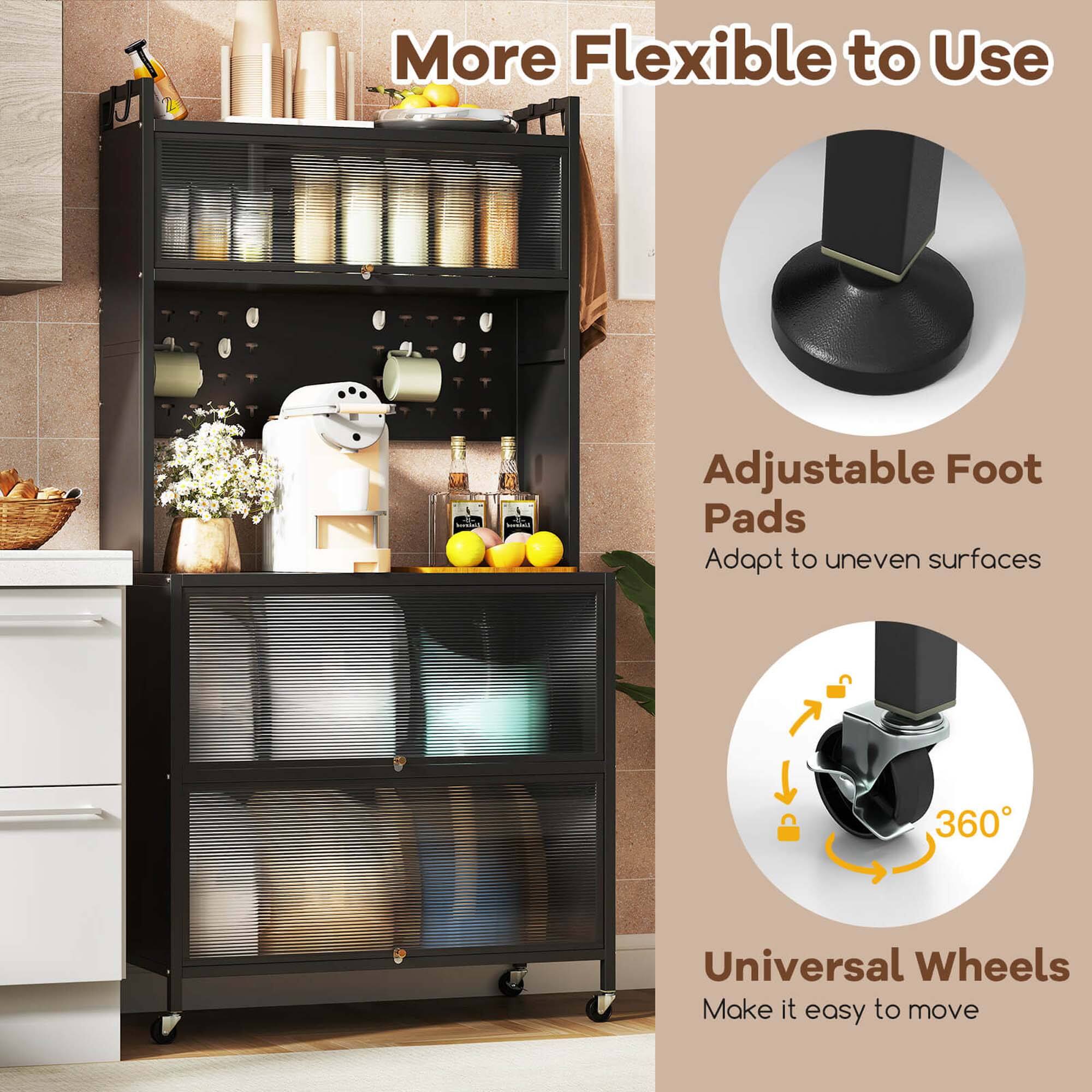 The text on the image is grouped and corrected as follows:

More Flexible to Use - Adjustable Foot Pads Adapt to uneven surfaces
360 Universal Wheels Make it easy to move