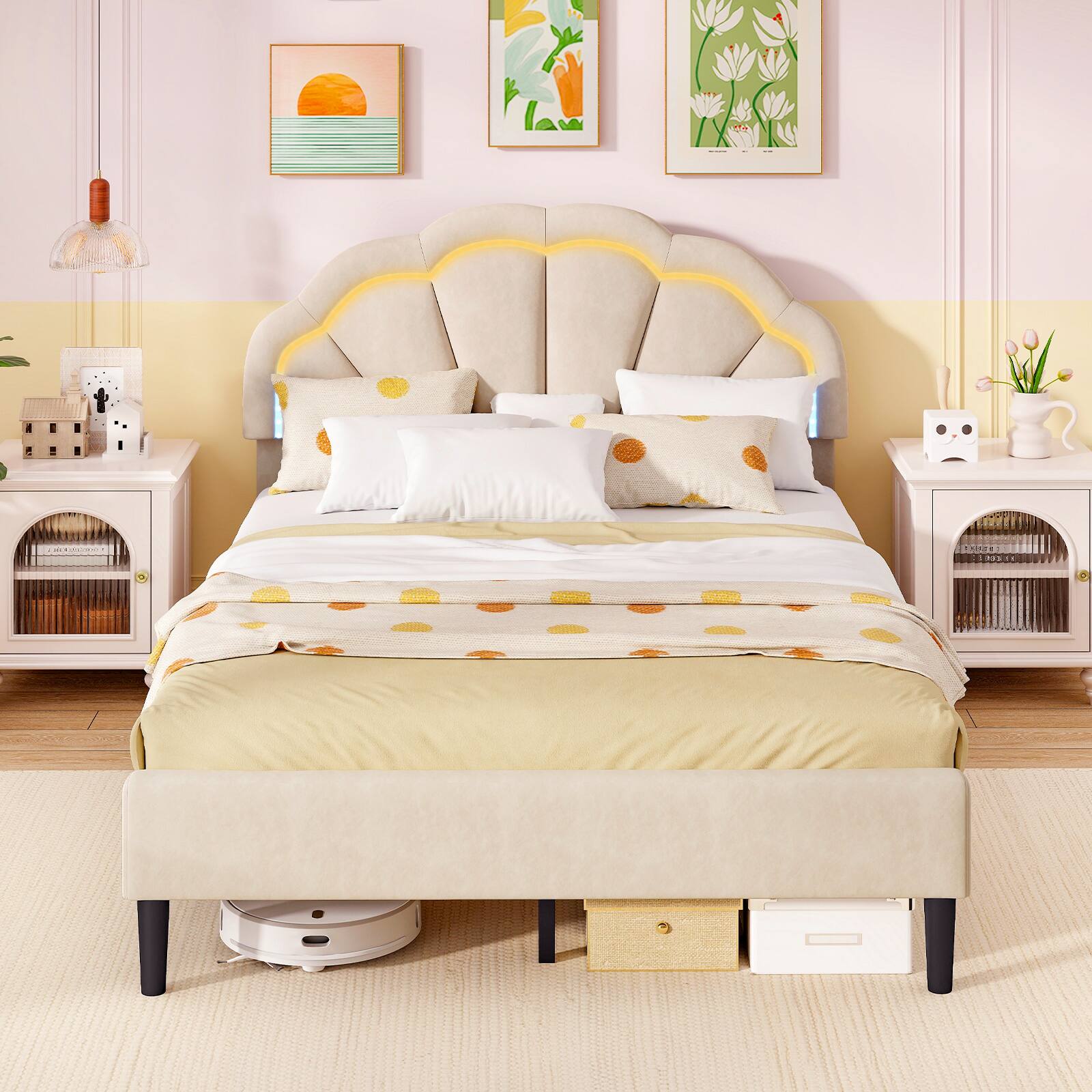 Alt View 3. Costway - Costway Full Size Upholstered LED Bed Frame Soft Velvet Platform Bed with Flower Headboard - Beige.