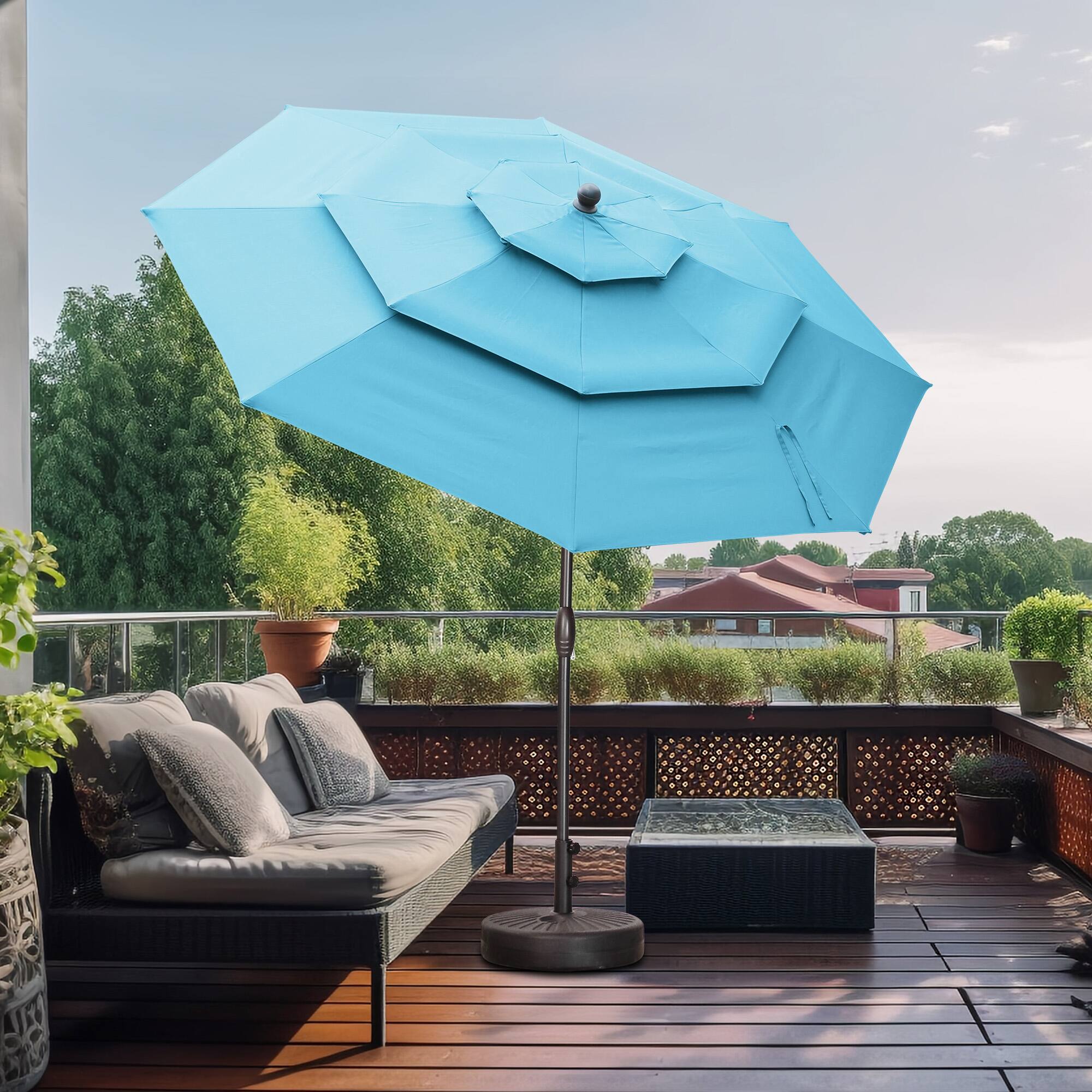 Angle. Ainfox - Ainfox 10 FT 3-Tier Patio Umbrella with Base Outdoor Market Umbrella with Crank and Tilt for Garden Lawn Backyard Pool - Blue.