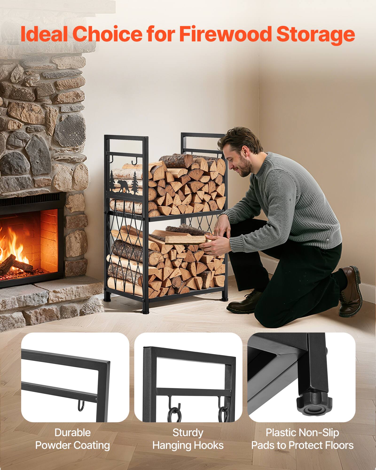 Ideal Choice for Firewood Storage

- Durable Powder Coating
- Sturdy Hanging Hooks
- Plastic Non-Slip Pads to Protect Floors