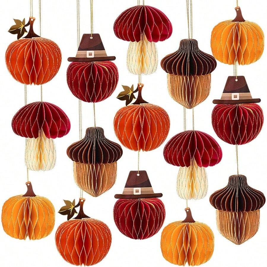 Live At Space - 15 Pcs Fall Honeycomb Decorations Paper Honeycomb Hanging Ornaments with Pumpkin Acorn Mushroom Thanksgiving Halloween - initial