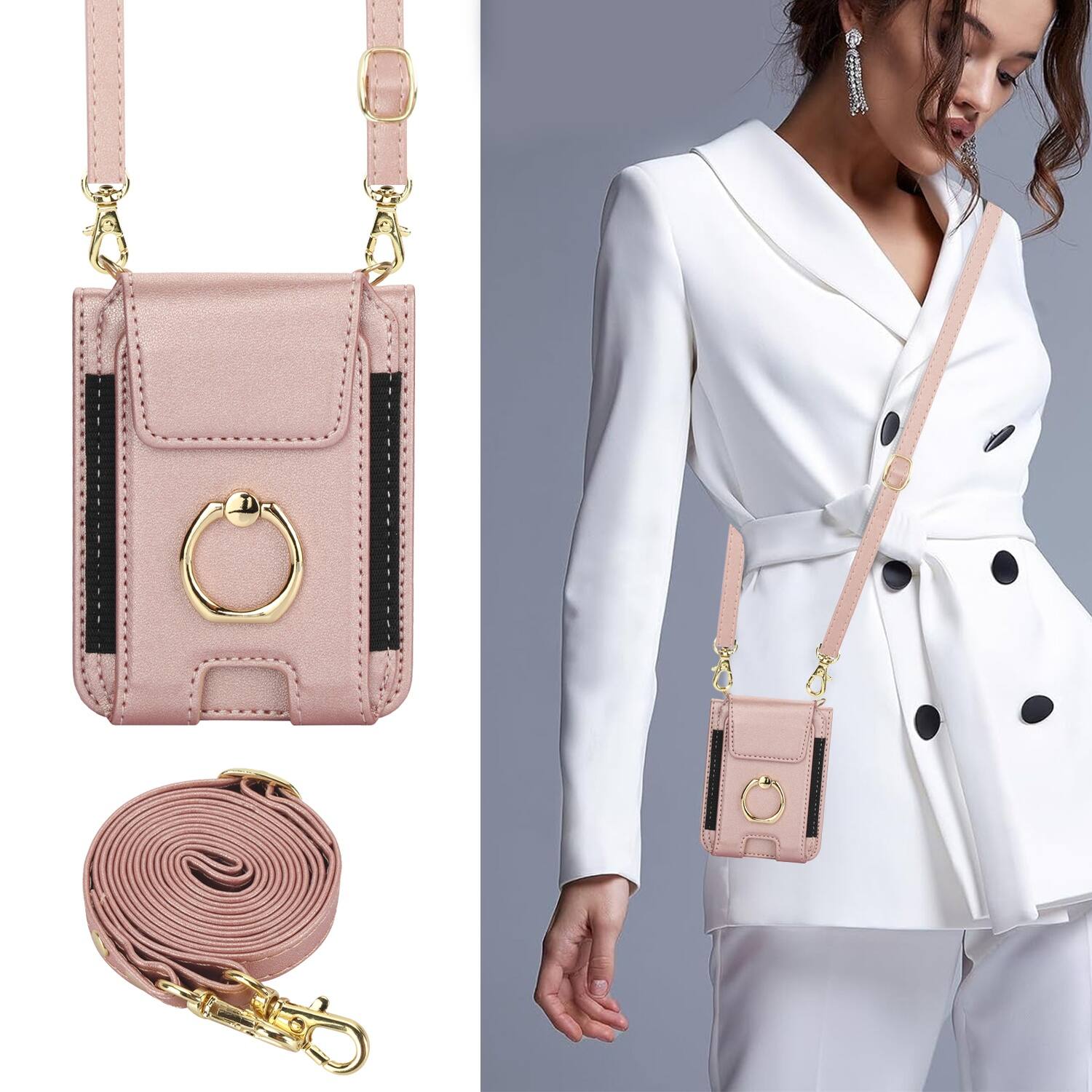 Alt View 2. Dteck - For Samsung Galaxy Z Flip8 Shockproof Leather Ring Kickstand Protective Wallet Case with Shoulder Strap / Lanyard - Rosegold.
