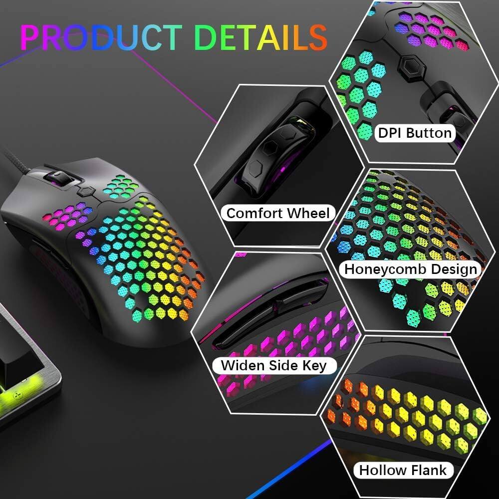 PRODUCT DETAILS

- DPI Button
- Comfort Wheel
- Honeycomb Design
- Widened Side Key
- Hollow Flank