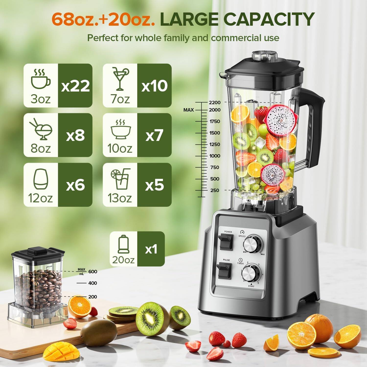 68oz.+20oz. LARGE CAPACITY Perfect for whole family and commercial use

x22 3oz x10 7oz MAX 2200 2000
x8 8oz x7 10oz 1750 1500 1250 1000 750
x6 12oz x5 500 250
POWER SPEED MAX 600 mL 20oz x1 PILEE ala 400 mL 200