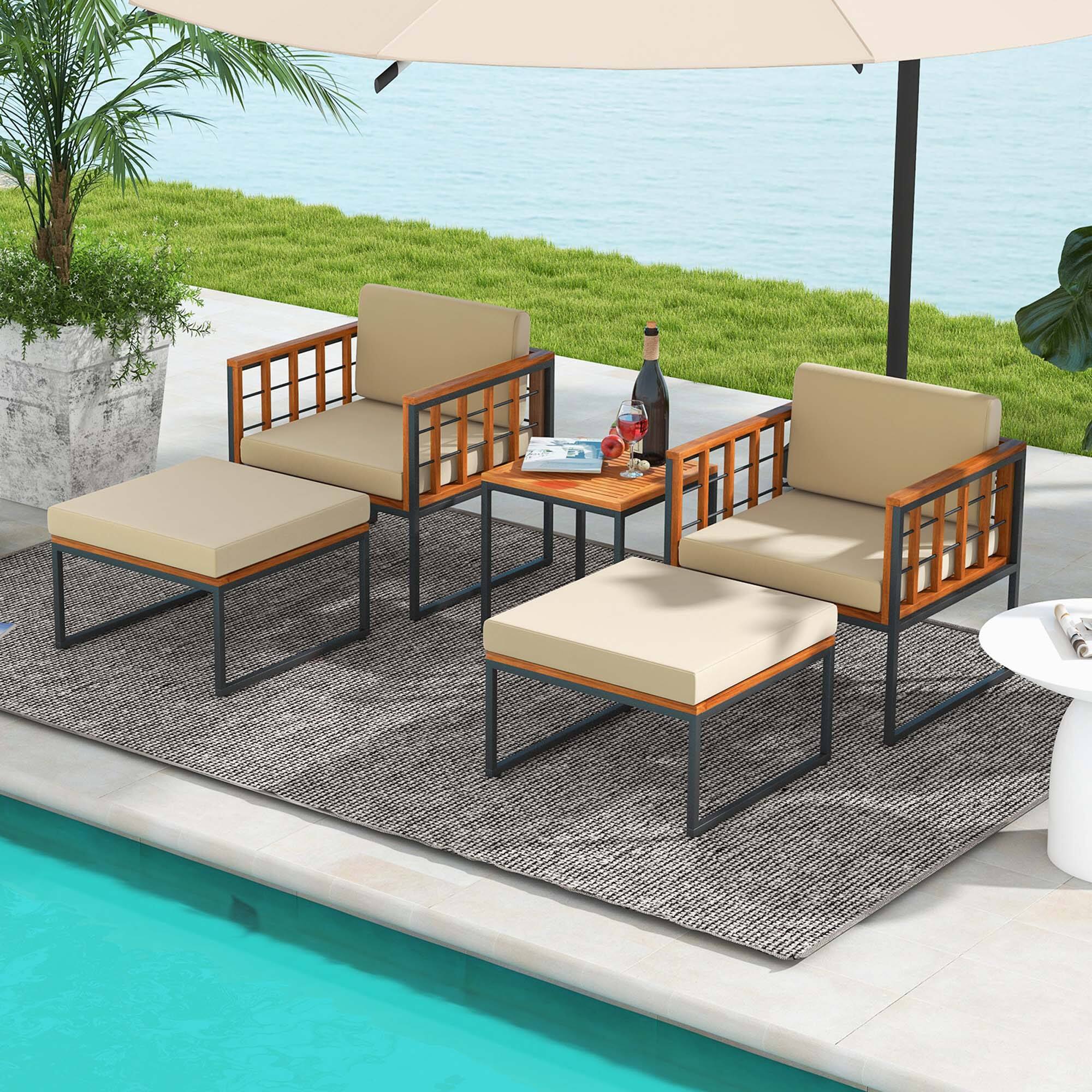Alt View 2. Costway - 5 PCS Acacia Wood Patio Furniture Set with Ottomans Soft Cushions & Coffee Table - Beige + Natural + Black.
