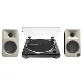 Kanto - ORAME 100W Powered Desktop Speakers (Moon) with 60X-BK Fully Automatic Belt-Drive Stereo Turntable - Bundle - BEIGE