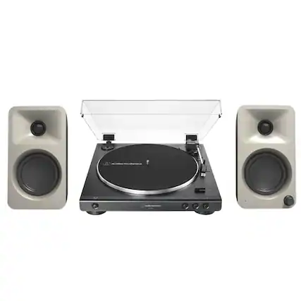 Front. Kanto - Kanto ORAME 100W Powered Desktop Speakers (Moon) with 60X-BK Fully Automatic Belt-Drive Stereo Turntable - Bundle - BEIGE.