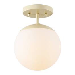 Jonathan Y - Marcel Bistro 7.75" 1-Light Bohemian Farmhouse Iron/Frosted Glass LED Semi Flush Mount - Beige/White