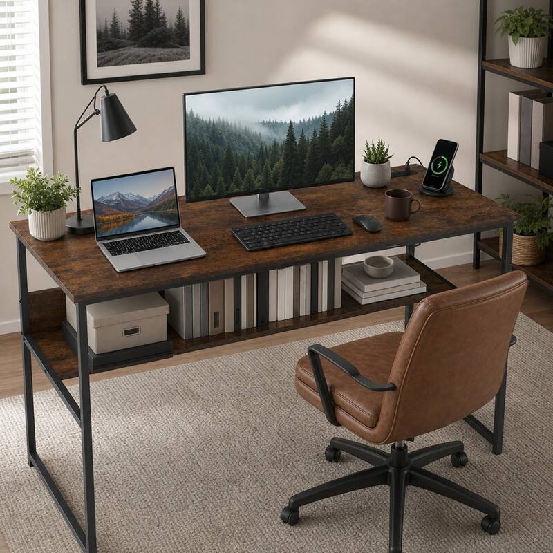 Alt View 3. WELLFOR - 55" Computer Desk with Power Outlets & Shelf, Home Office Desk Writing Desk with Adjustable Foot Pads - Rustic Brown.